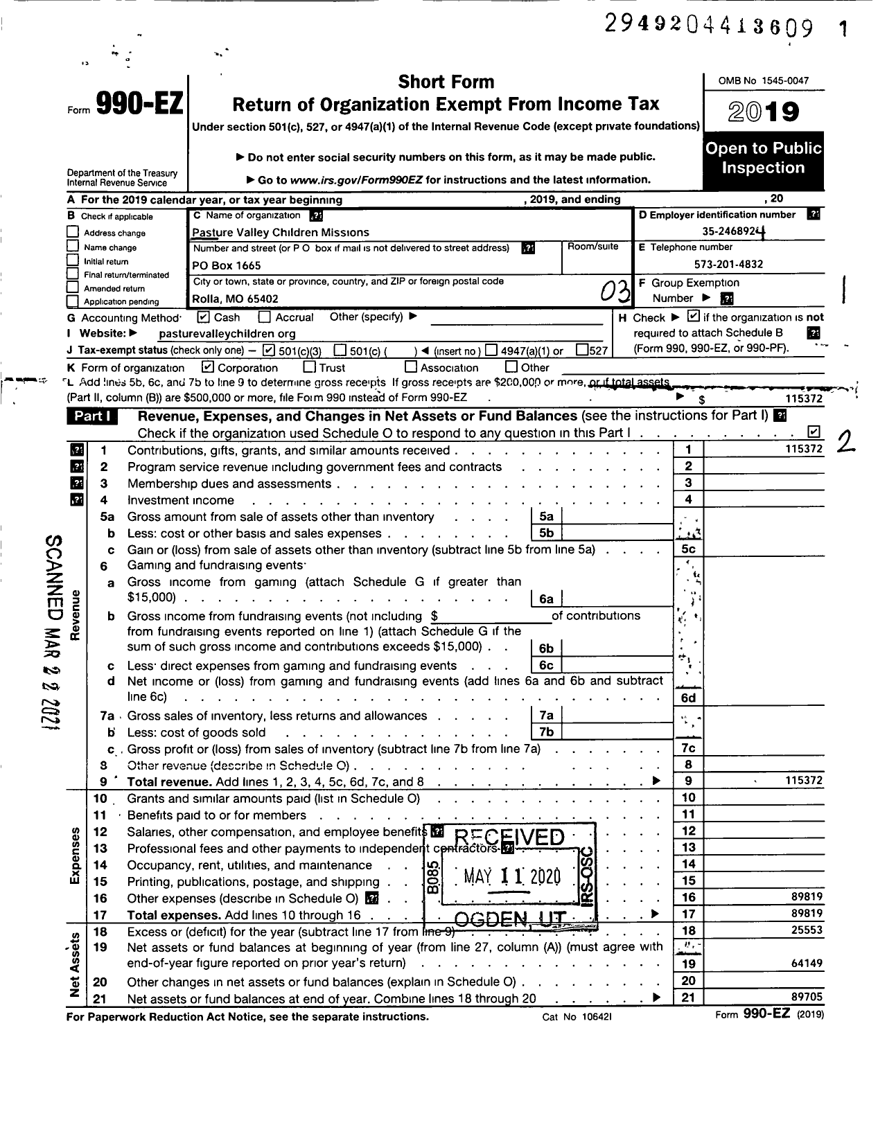 Image of first page of 2019 Form 990EZ for Pasture Valley Children Missions