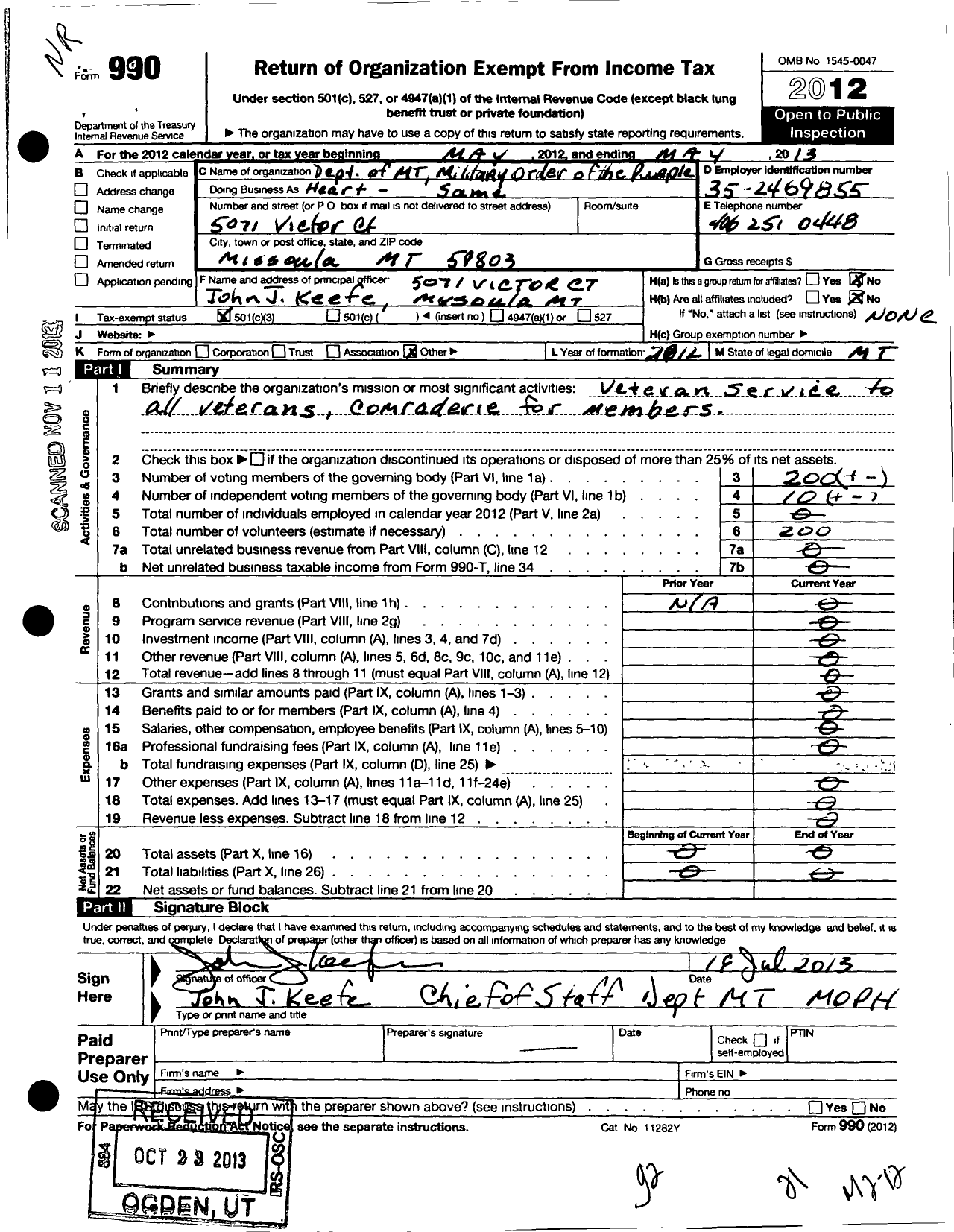 Image of first page of 2012 Form 990 for Military Order of the Purple Heart - Dept of MT