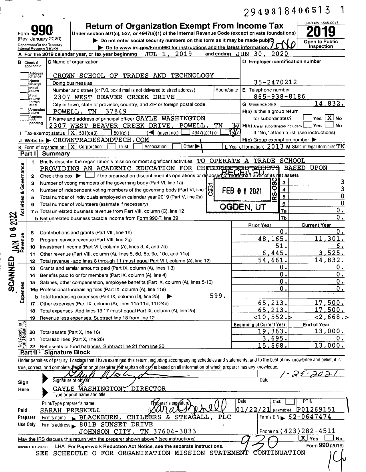 Image of first page of 2019 Form 990 for Crown School of Trades and Technology