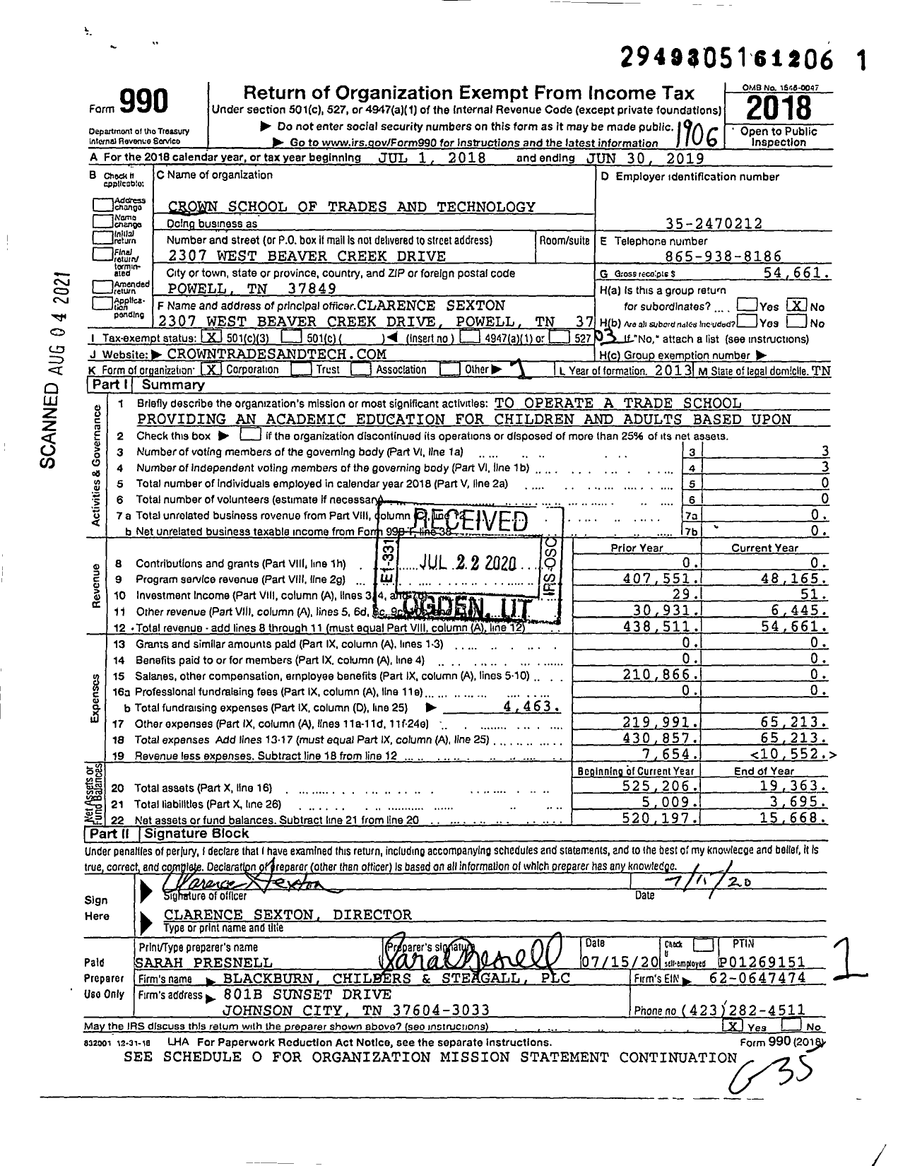 Image of first page of 2018 Form 990 for Crown School of Trades and Technology