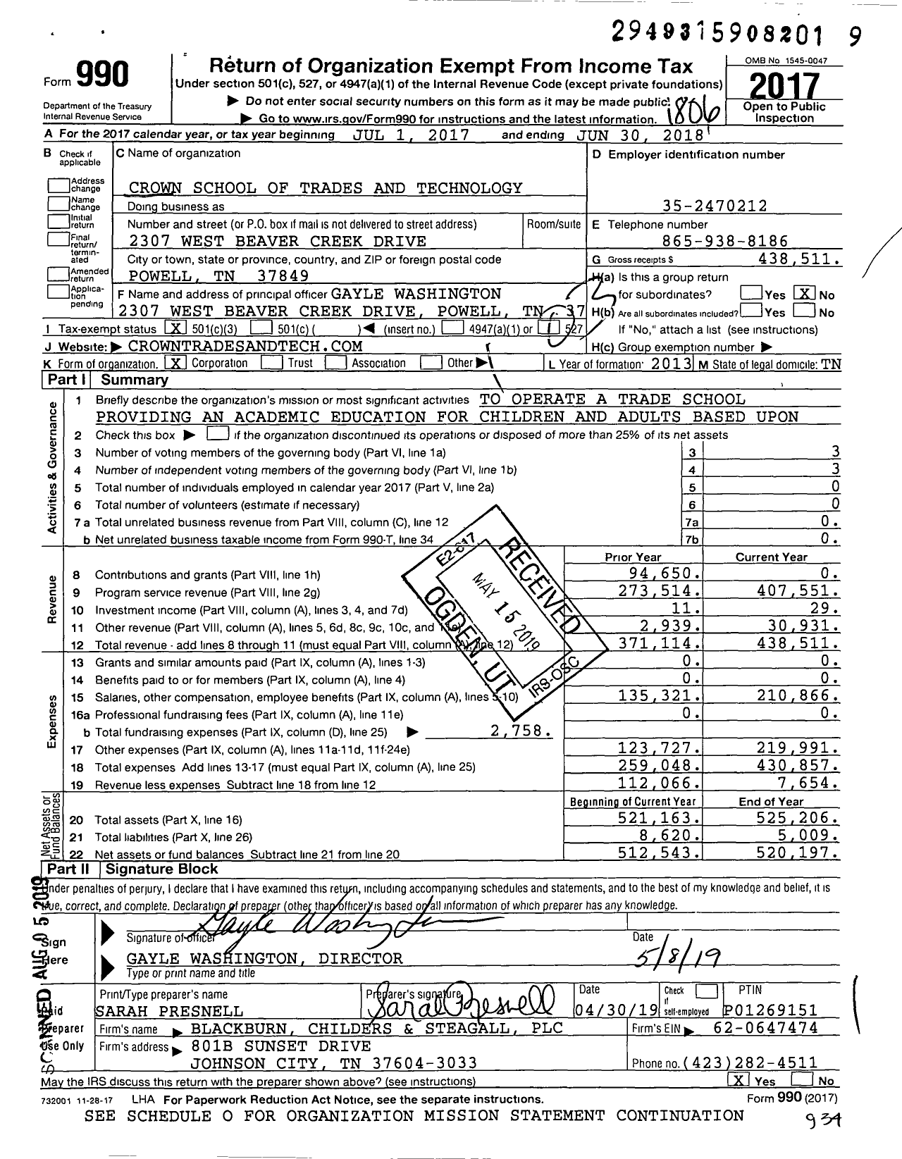 Image of first page of 2017 Form 990 for Crown School of Trades and Technology