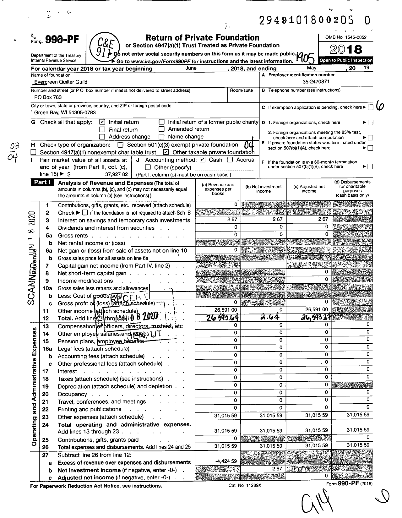 Image of first page of 2018 Form 990PR for Evergreen Quilter Guild