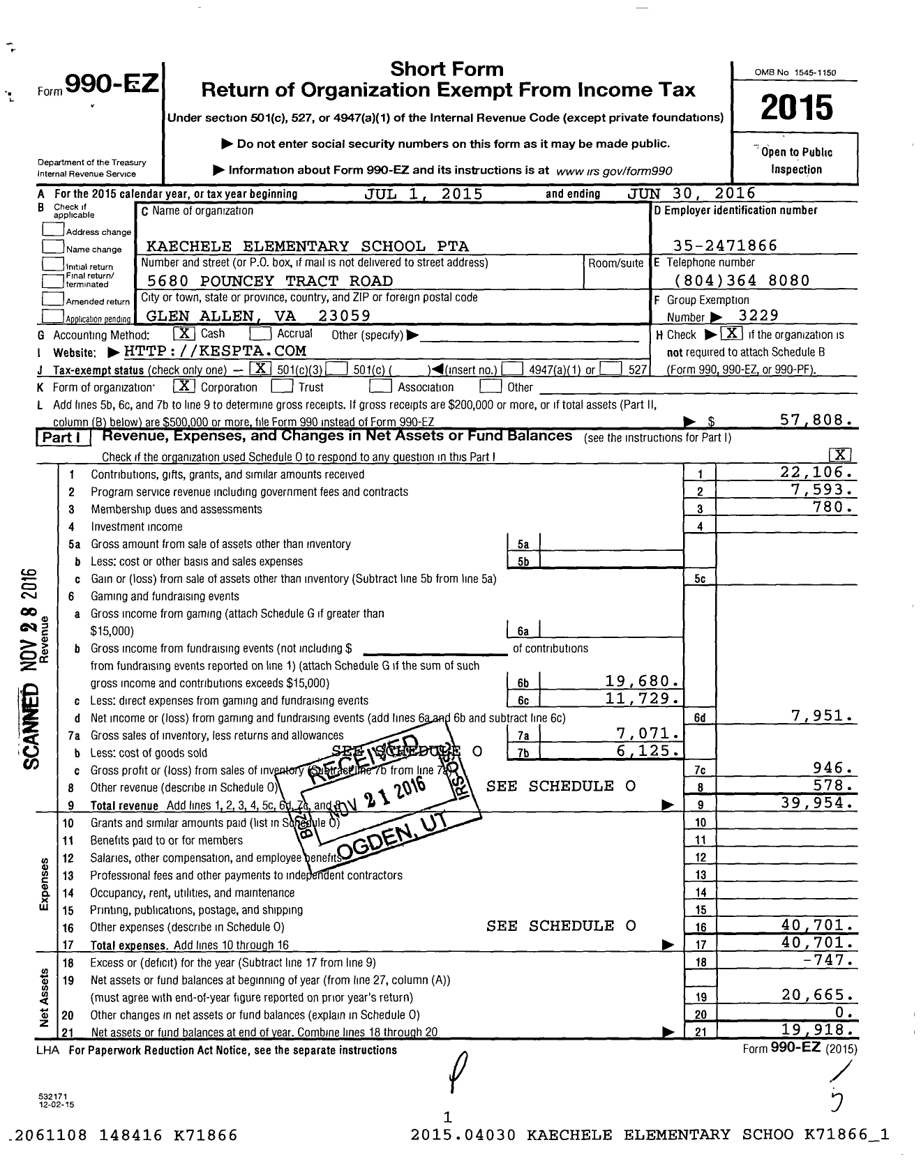 Image of first page of 2015 Form 990EZ for VIRGINIA PTA - Kaechele Elementary School PTA