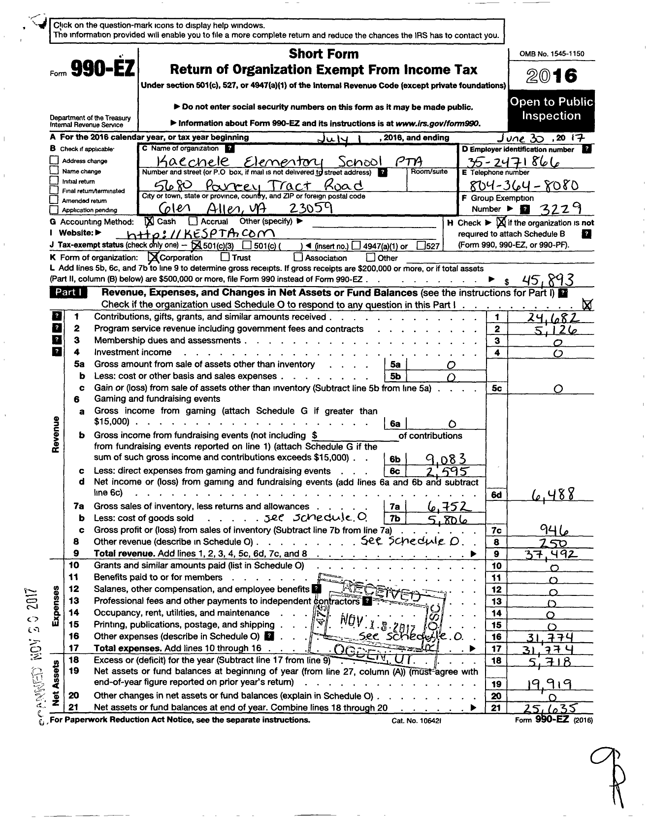 Image of first page of 2016 Form 990EZ for VIRGINIA PTA - Kaechele Elementary School PTA