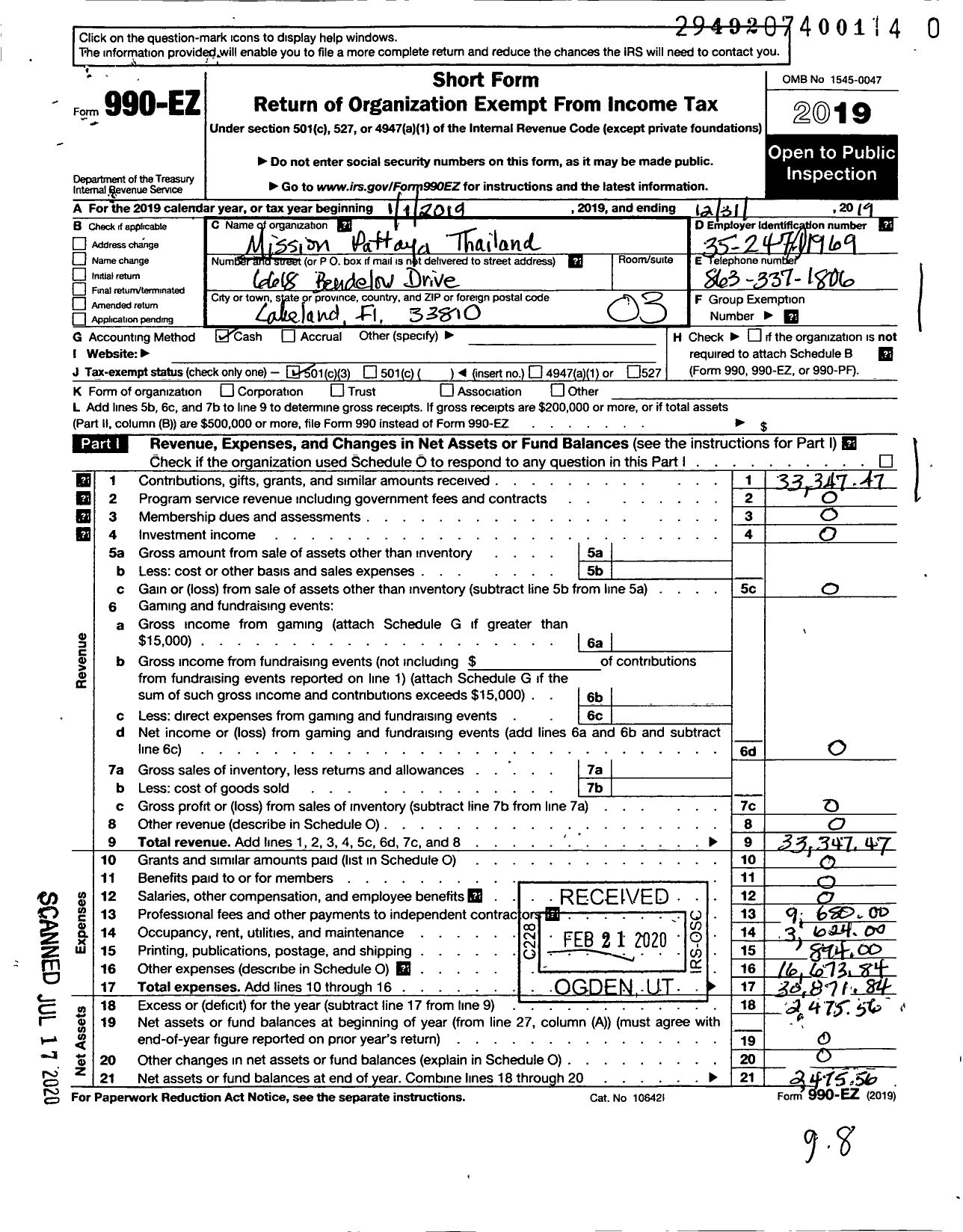 Image of first page of 2019 Form 990EZ for Mission Pattaya Thailand