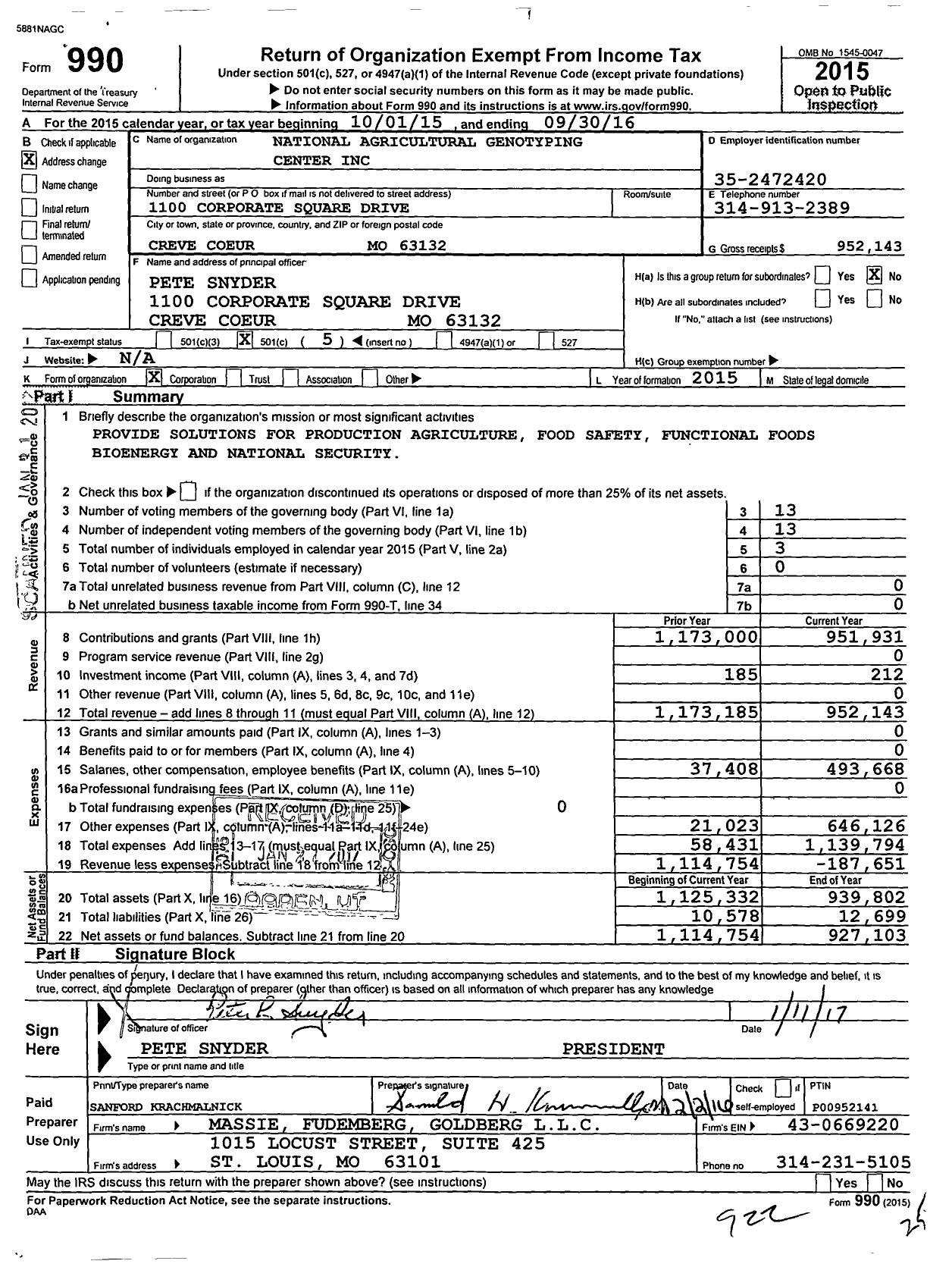 Image of first page of 2015 Form 990O for National Agricultural Genotyping Center (NAGC)