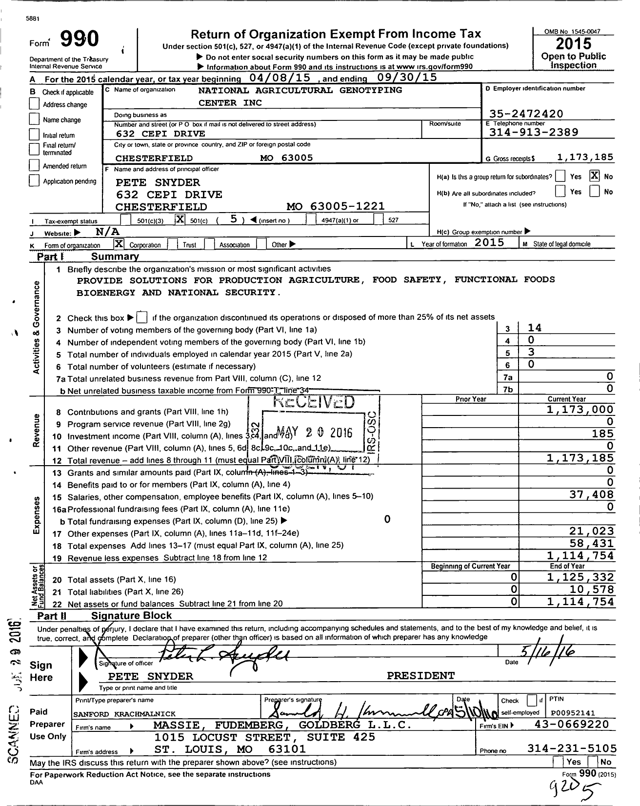 Image of first page of 2014 Form 990O for National Agricultural Genotyping Center (NAGC)