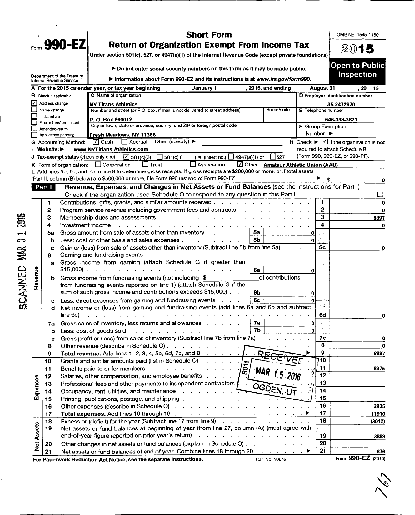 Image of first page of 2014 Form 990EZ for Amateur Athletic Union - Ny Titans Athletics