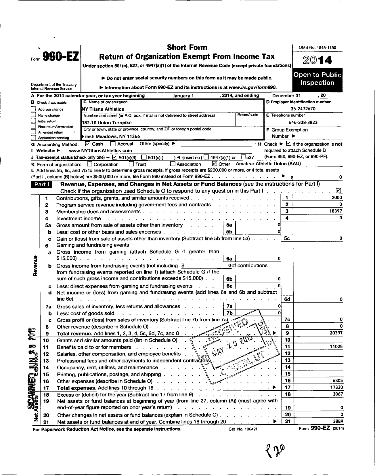 Image of first page of 2014 Form 990EZ for Amateur Athletic Union - Ny Titans Athletics