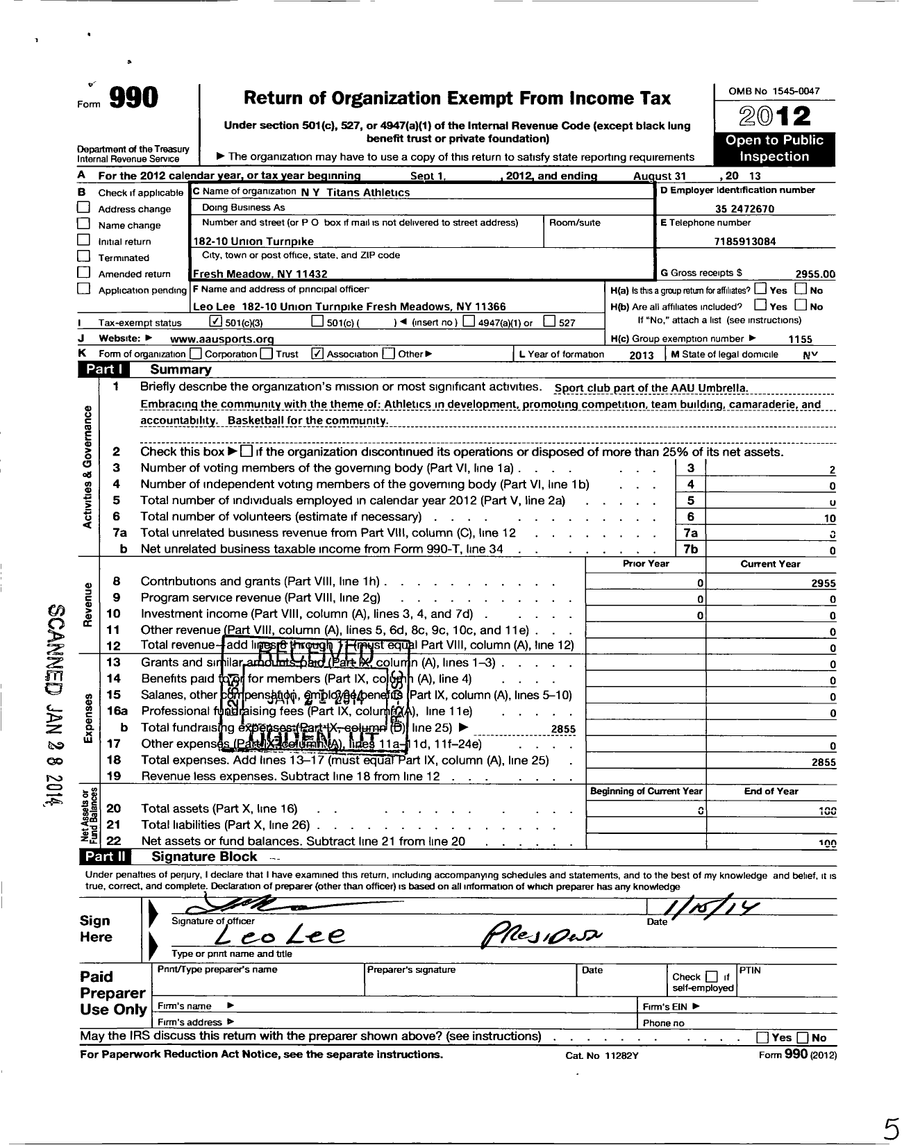 Image of first page of 2012 Form 990 for Amateur Athletic Union - Ny Titans Athletics