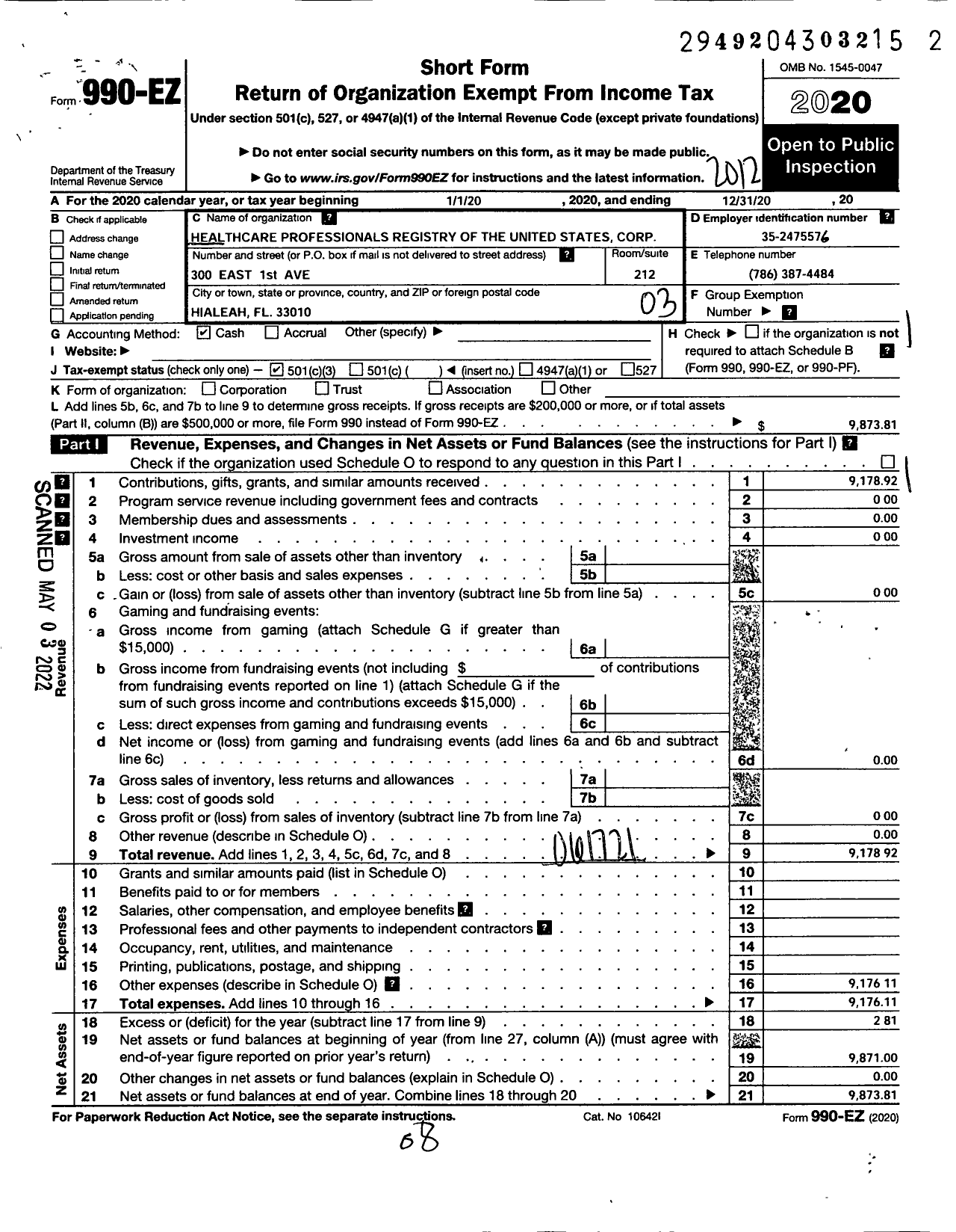 Image of first page of 2020 Form 990EZ for Healthcare Care Professionals Registry of the United States Corporation