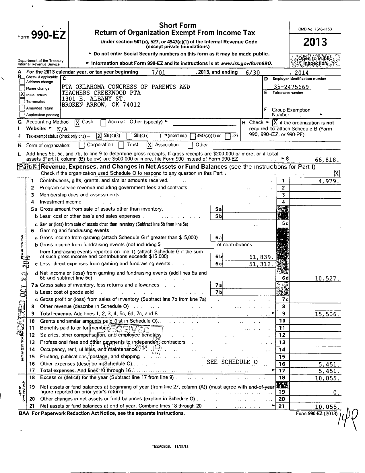 Image of first page of 2013 Form 990EZ for PTA Oklahoma Congress of Parents and Teachers