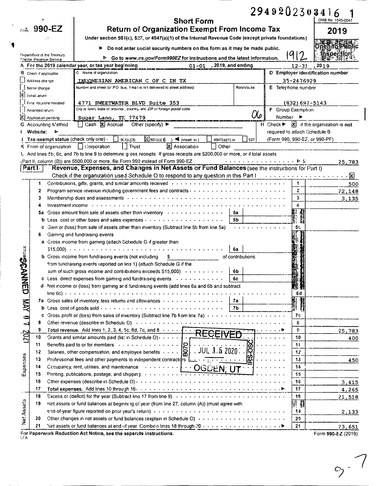 Image of first page of 2019 Form 990EO for Indonesian American Chamber of Commerce in Texas