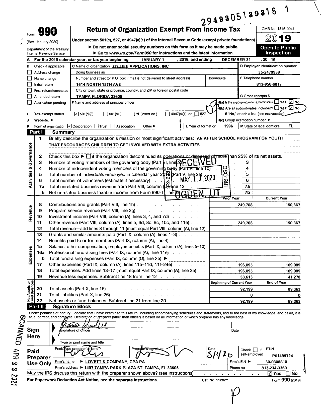 Image of first page of 2019 Form 990 for G3 Life Applications