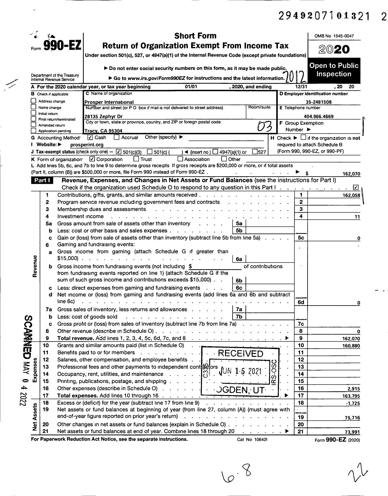 Image of first page of 2020 Form 990EZ for Prosper International