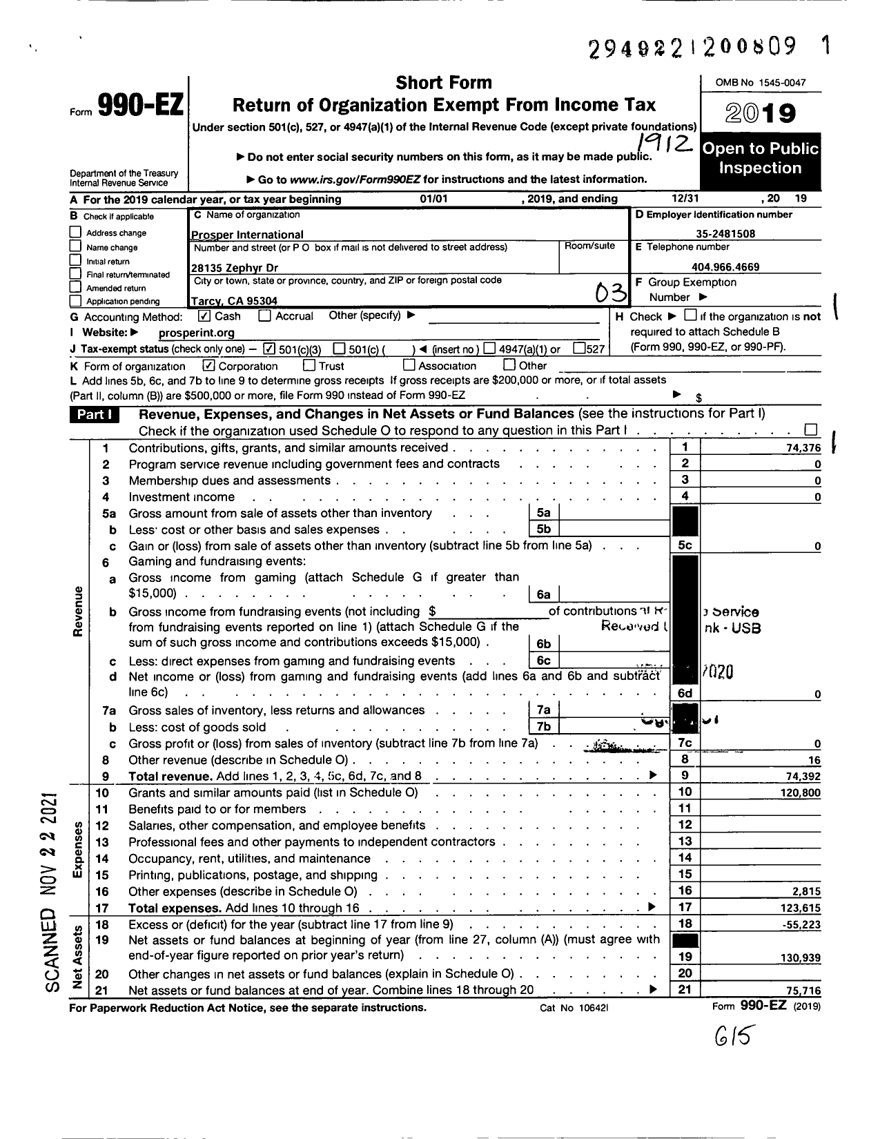 Image of first page of 2019 Form 990EZ for Prosper International