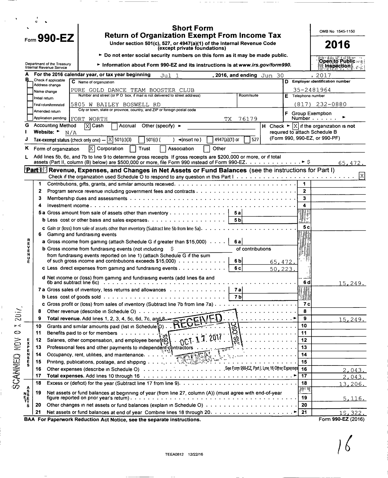 Image of first page of 2016 Form 990EZ for Pure Gold Dance Team Booster Club