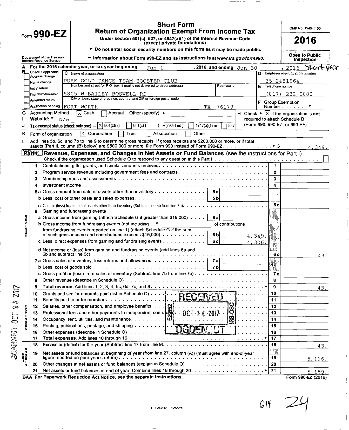 Image of first page of 2015 Form 990EZ for Pure Gold Dance Team Booster Club