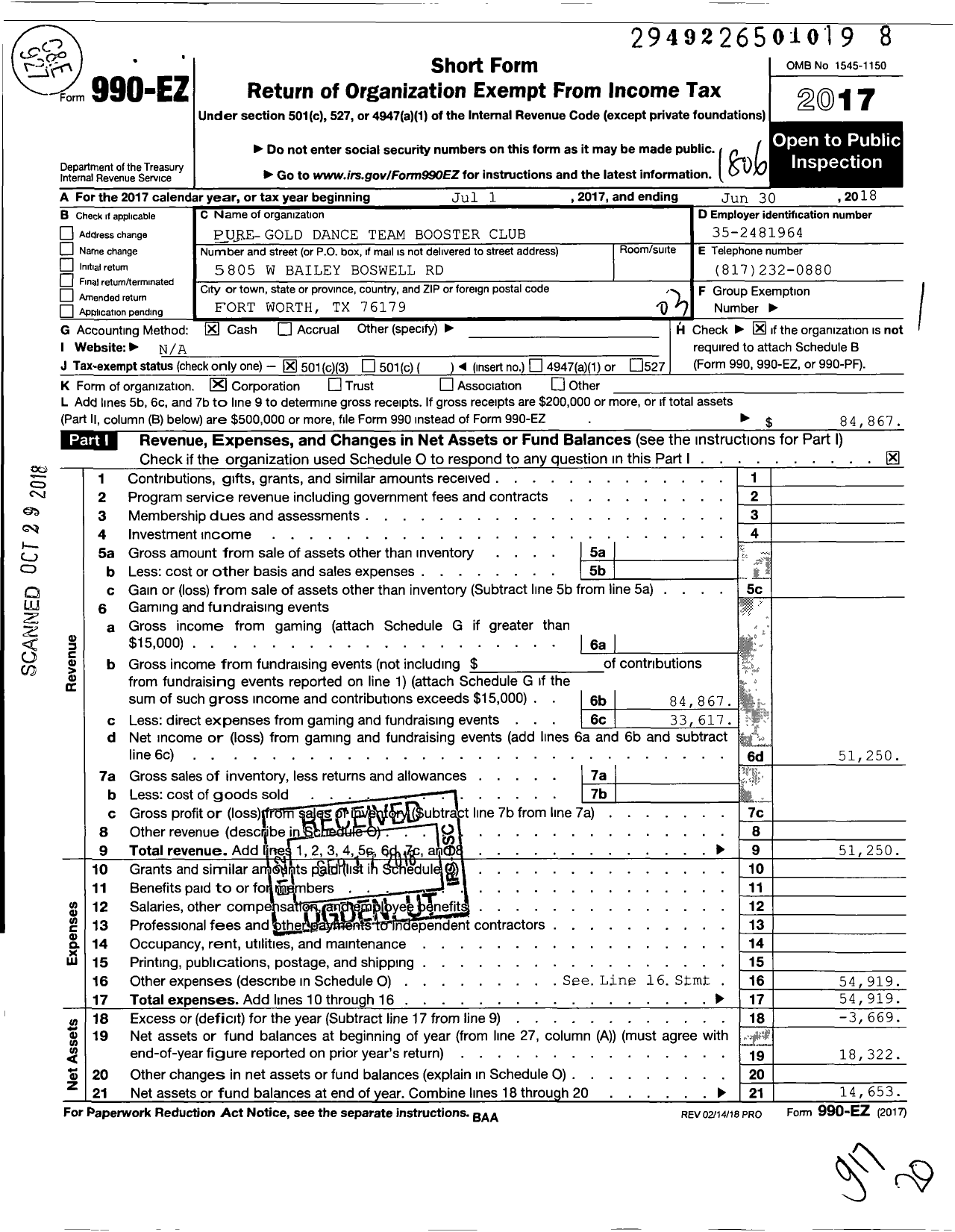 Image of first page of 2017 Form 990EZ for Pure Gold Dance Team Booster Club