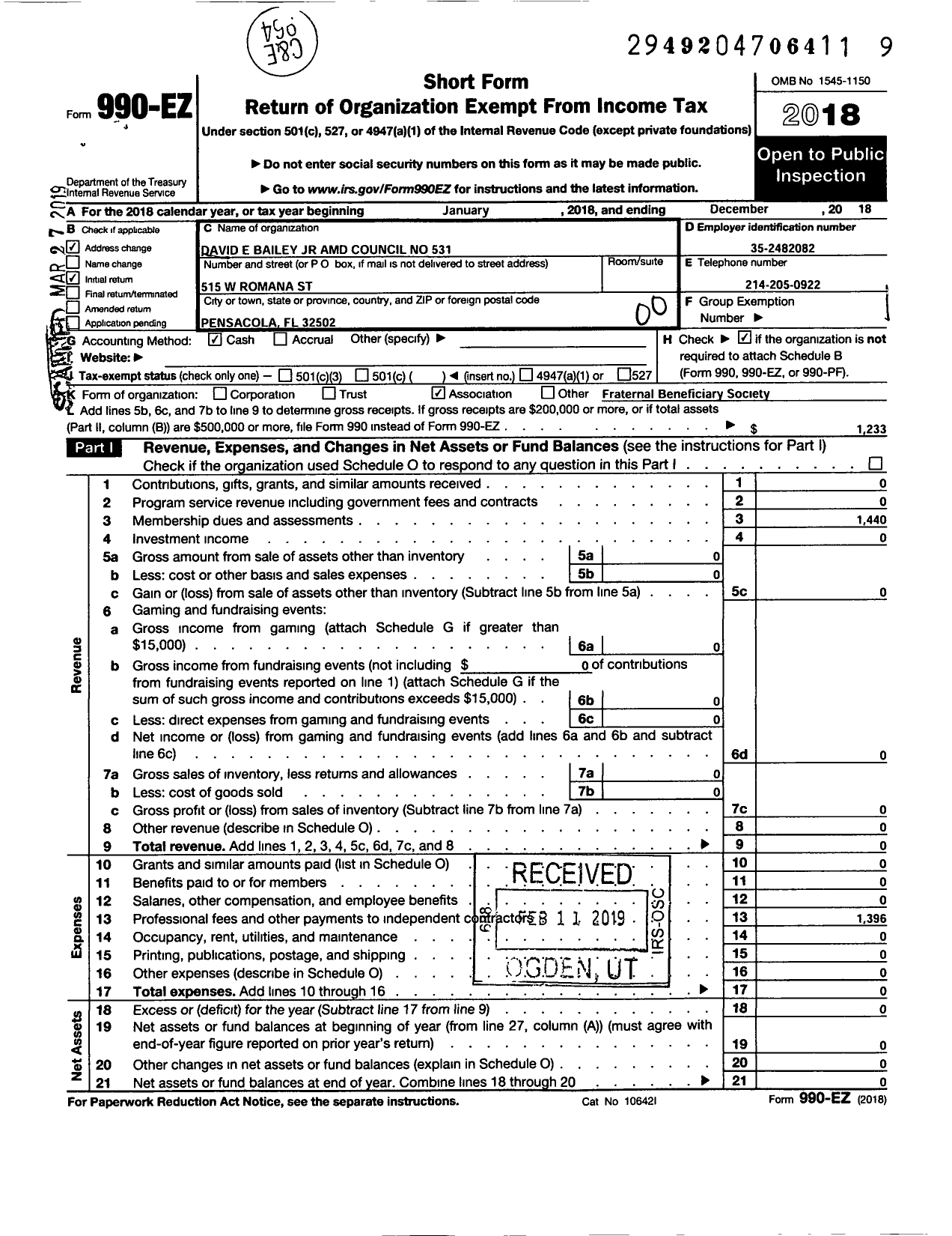 Image of first page of 2018 Form 990EO for David E Bailey JR Amd Council No 531