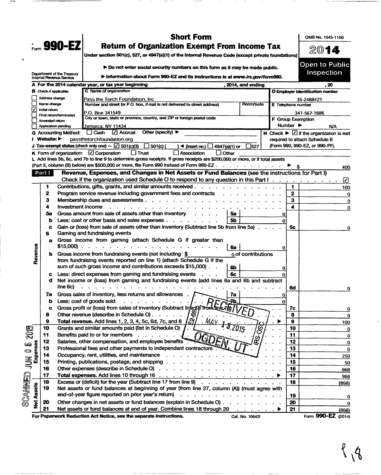 Image of first page of 2014 Form 990EZ for Pass the Torch Foundation