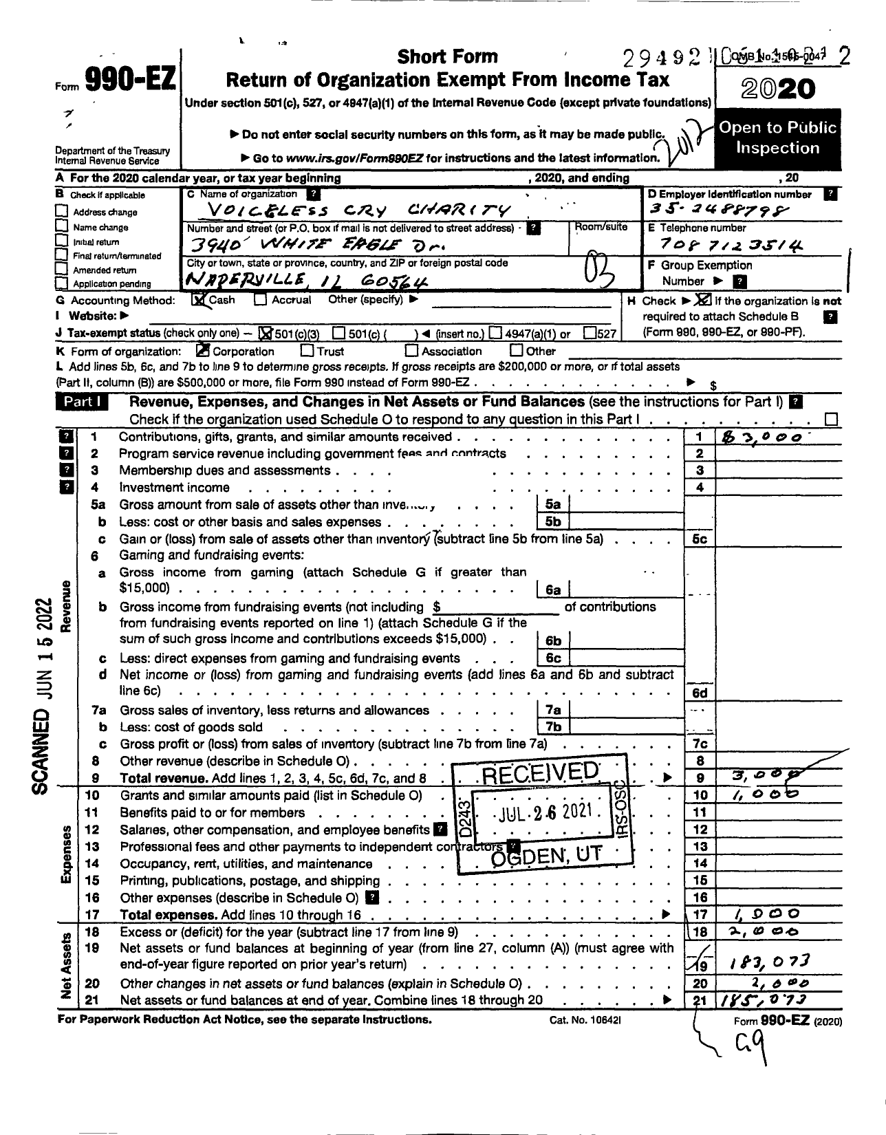 Image of first page of 2020 Form 990EZ for Voiceless Cry Charity