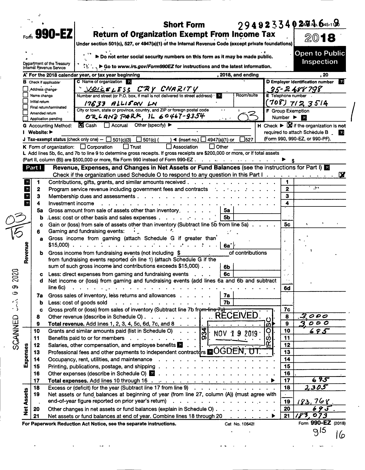 Image of first page of 2018 Form 990EZ for Voiceless Cry Charity