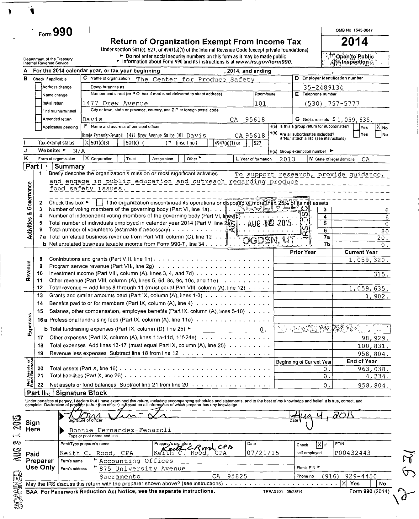 Image of first page of 2014 Form 990 for The Center for Produce Safety