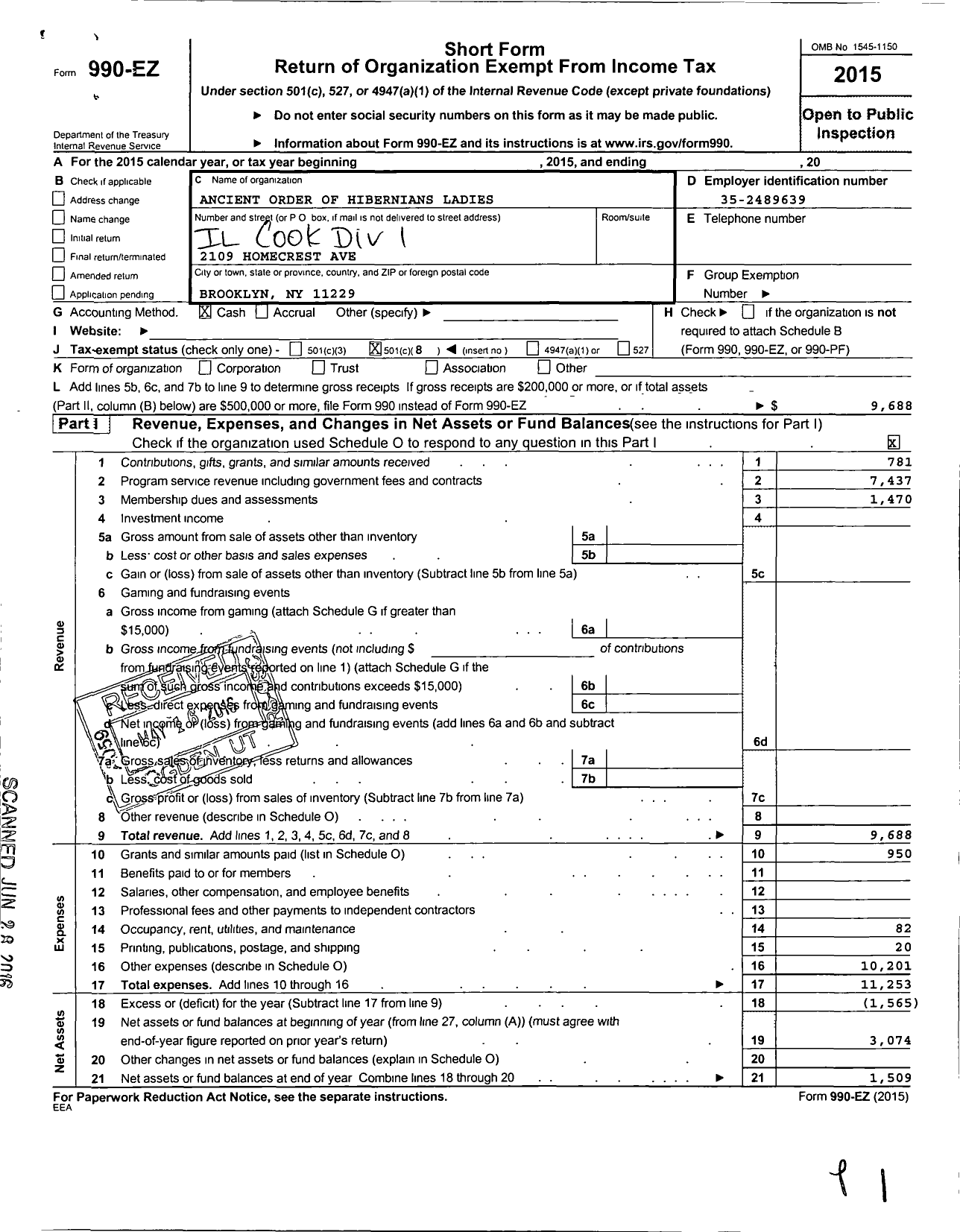 Image of first page of 2015 Form 990EO for Ancient Order of Hibernians Ladies