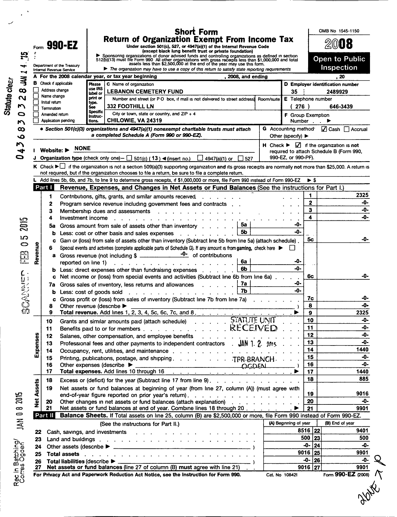 Image of first page of 2008 Form 990EO for Lebanon Cemetery Fund