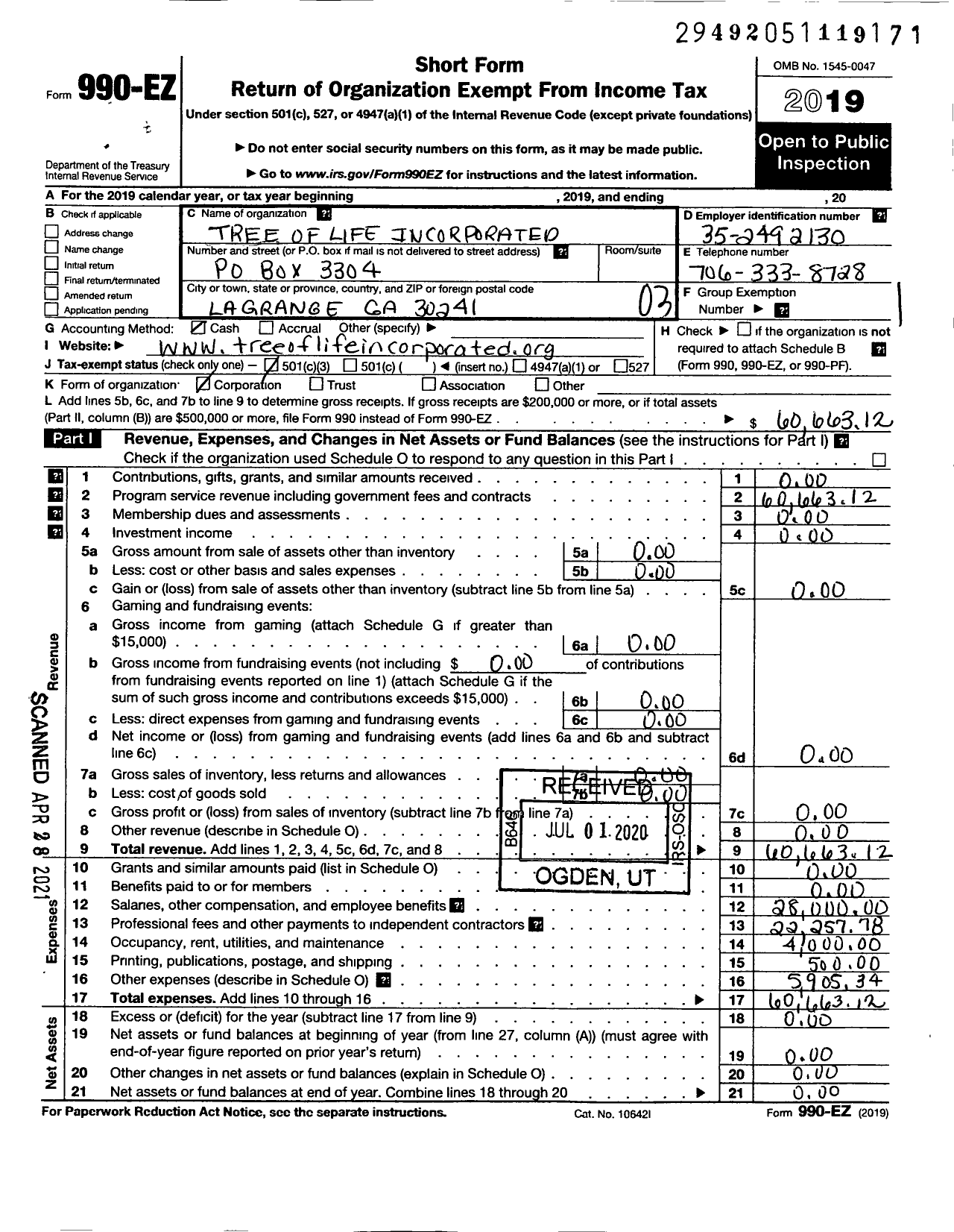 Image of first page of 2019 Form 990EZ for Tree of Life Incorporated