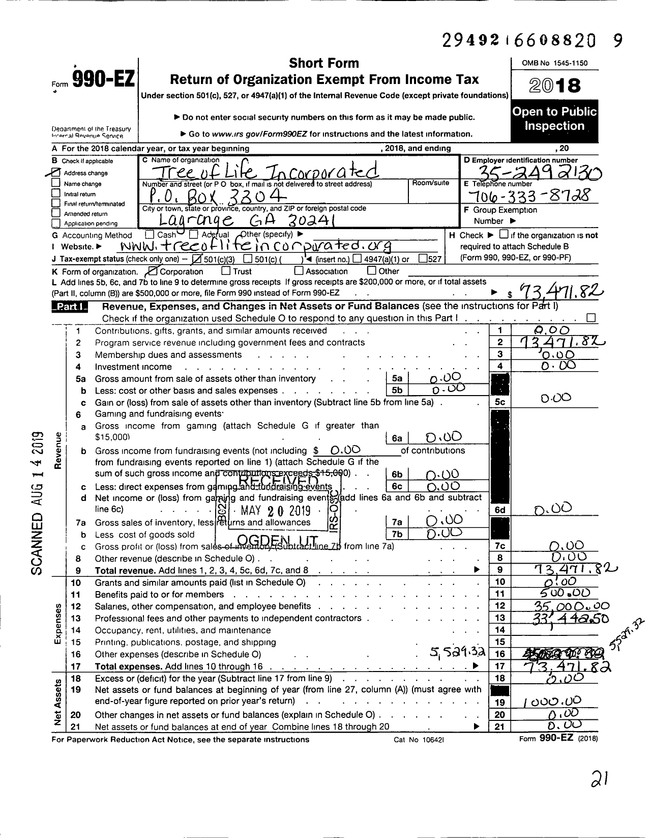 Image of first page of 2018 Form 990EZ for Tree of Life Incorporated