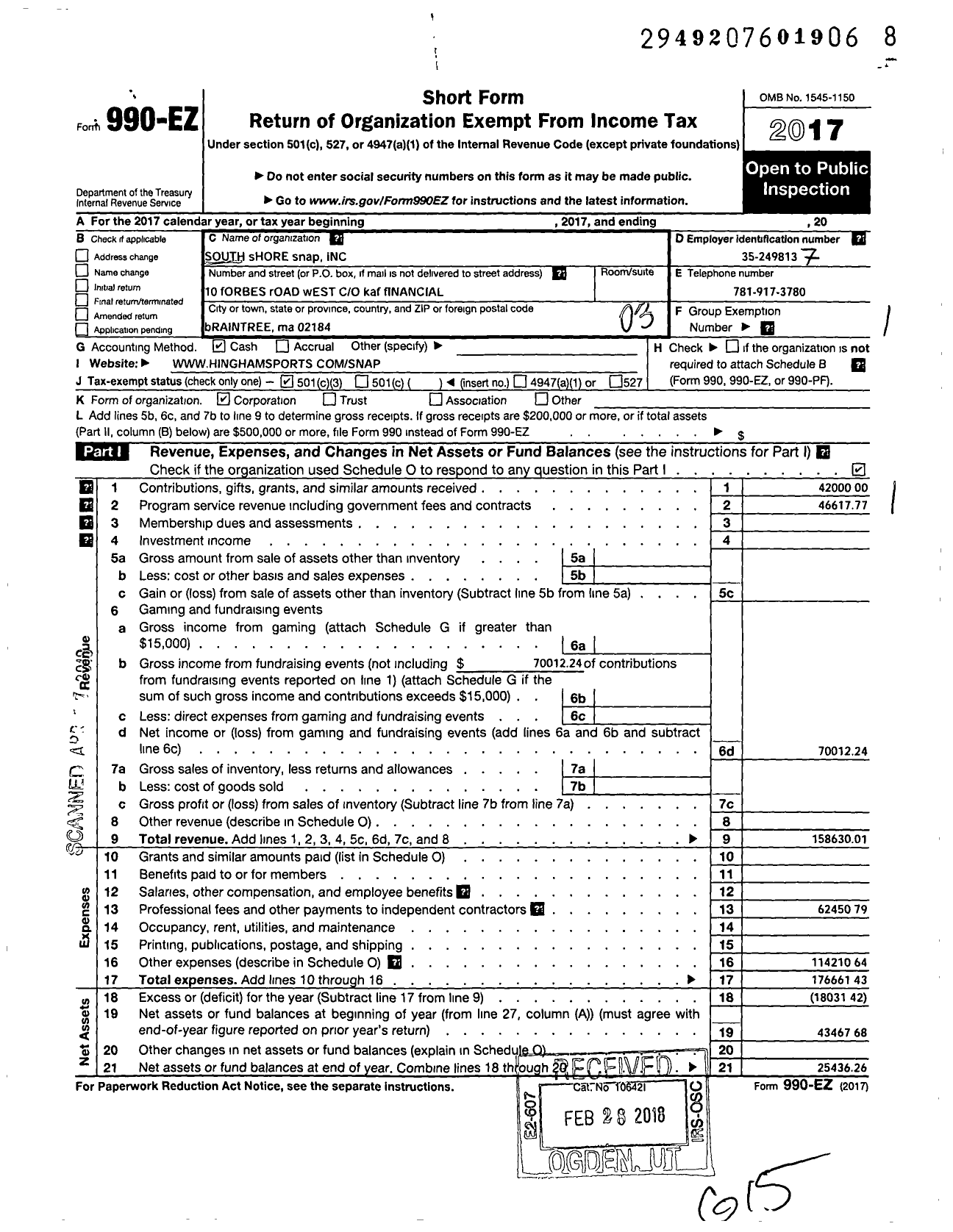 Image of first page of 2017 Form 990EZ for South Shore SNAP