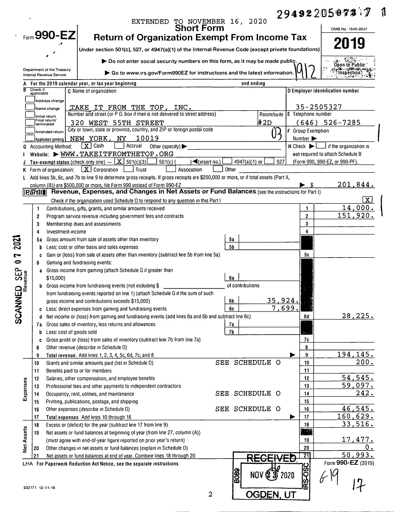 Image of first page of 2019 Form 990EZ for Take It From the Top