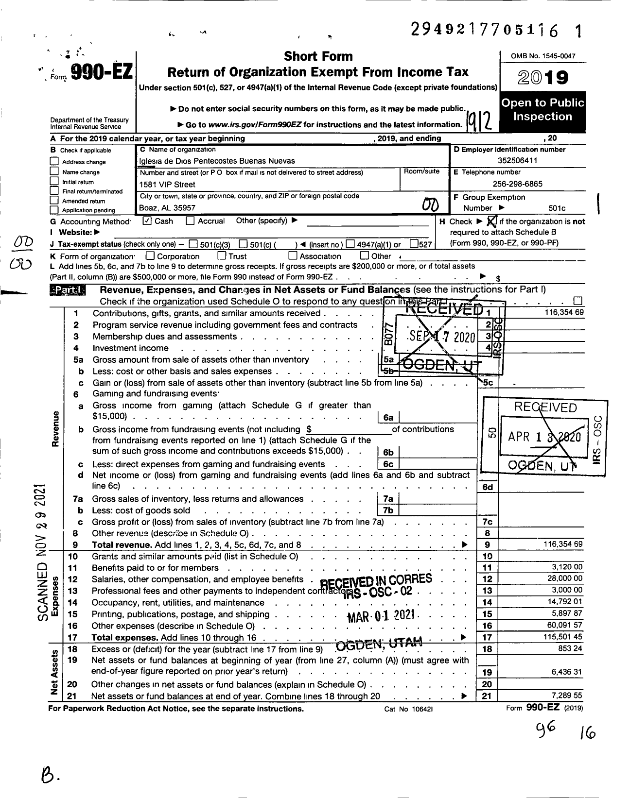 Image of first page of 2019 Form 990EO for Iglesia de Dios Pentecostes Buenas Nuevas 8