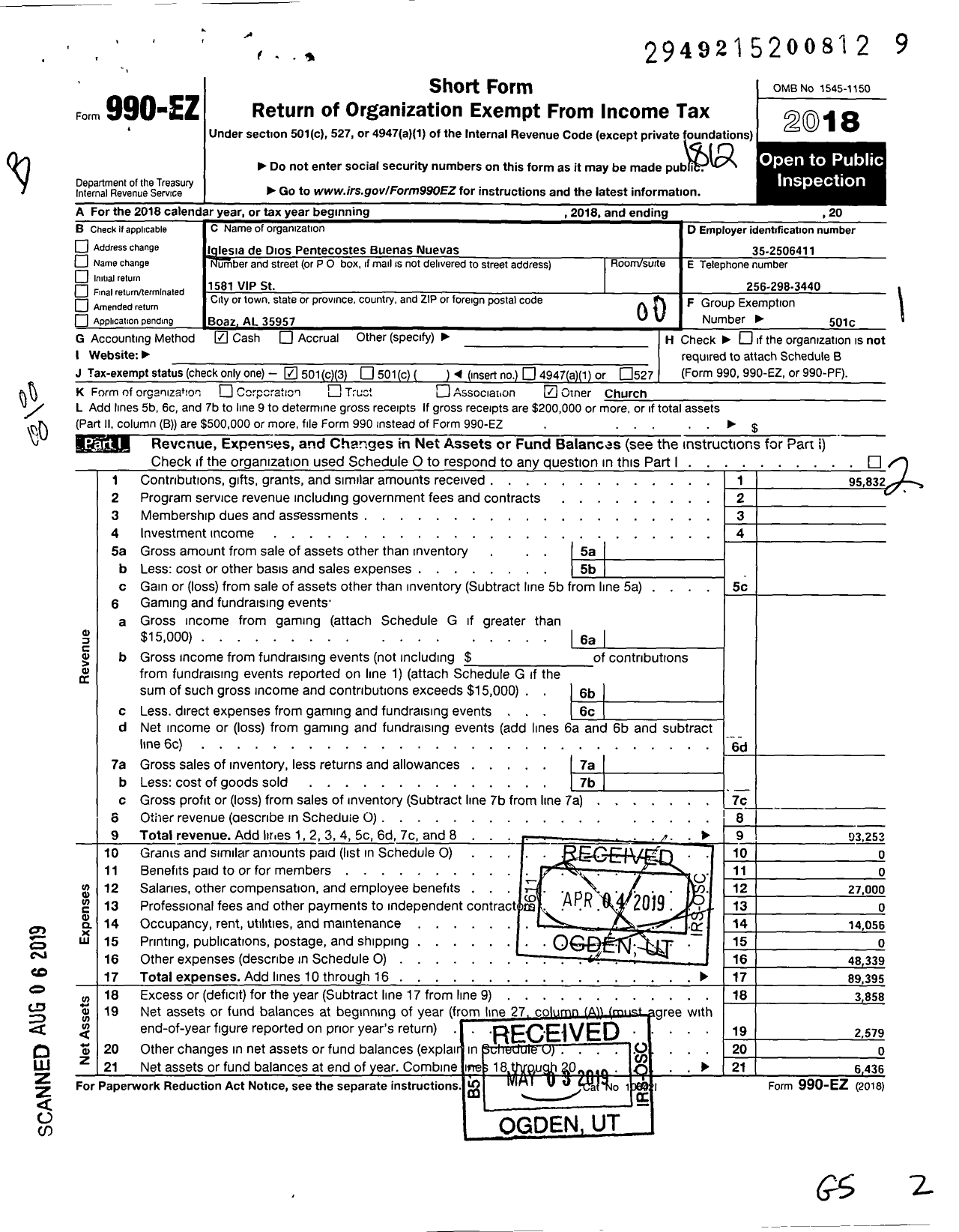 Image of first page of 2018 Form 990EO for Iglesia de Dios Pentecostes Buenas Nuevas 8