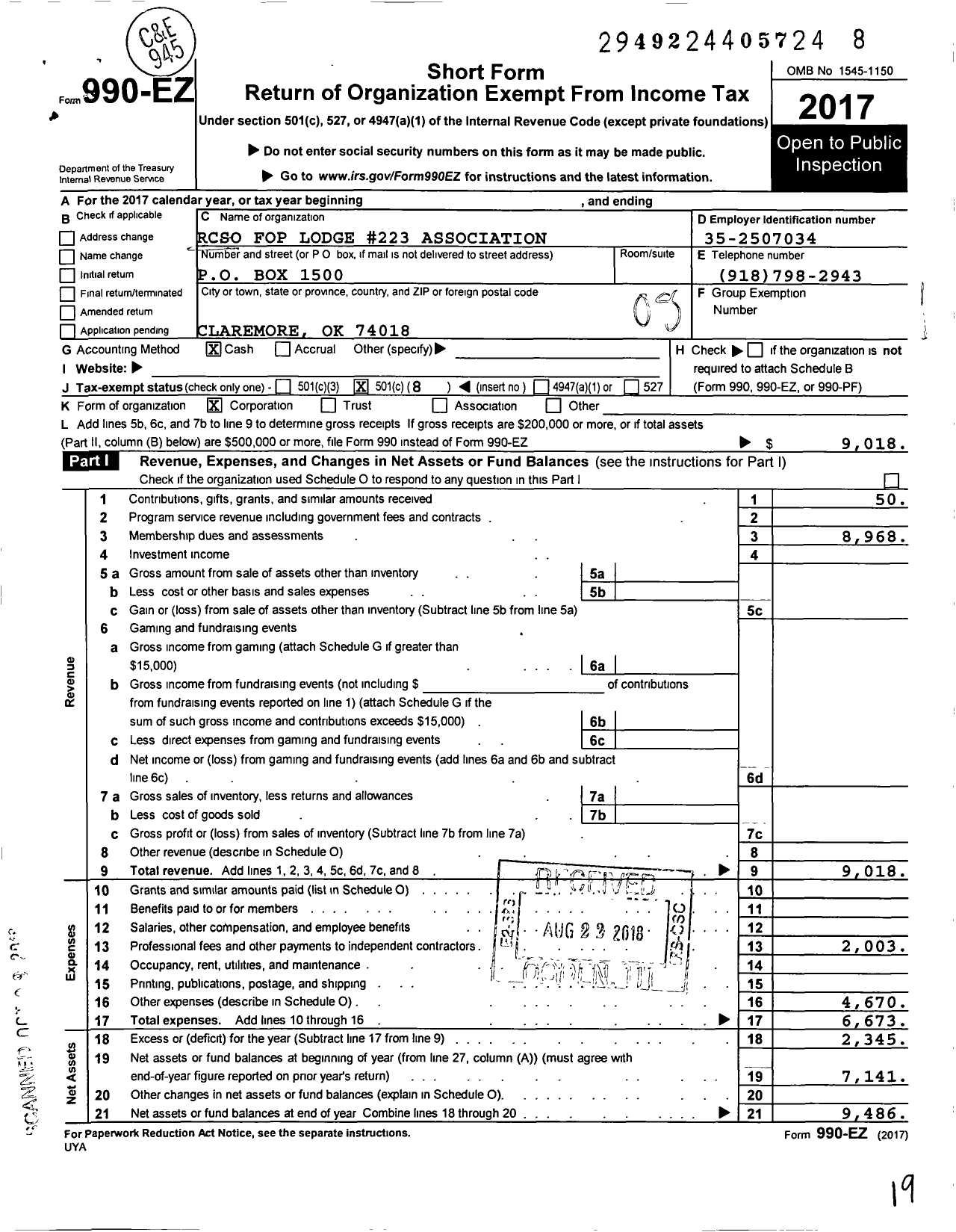 Image of first page of 2017 Form 990EO for Fraternal Order of Police - 223 Rcso Fop