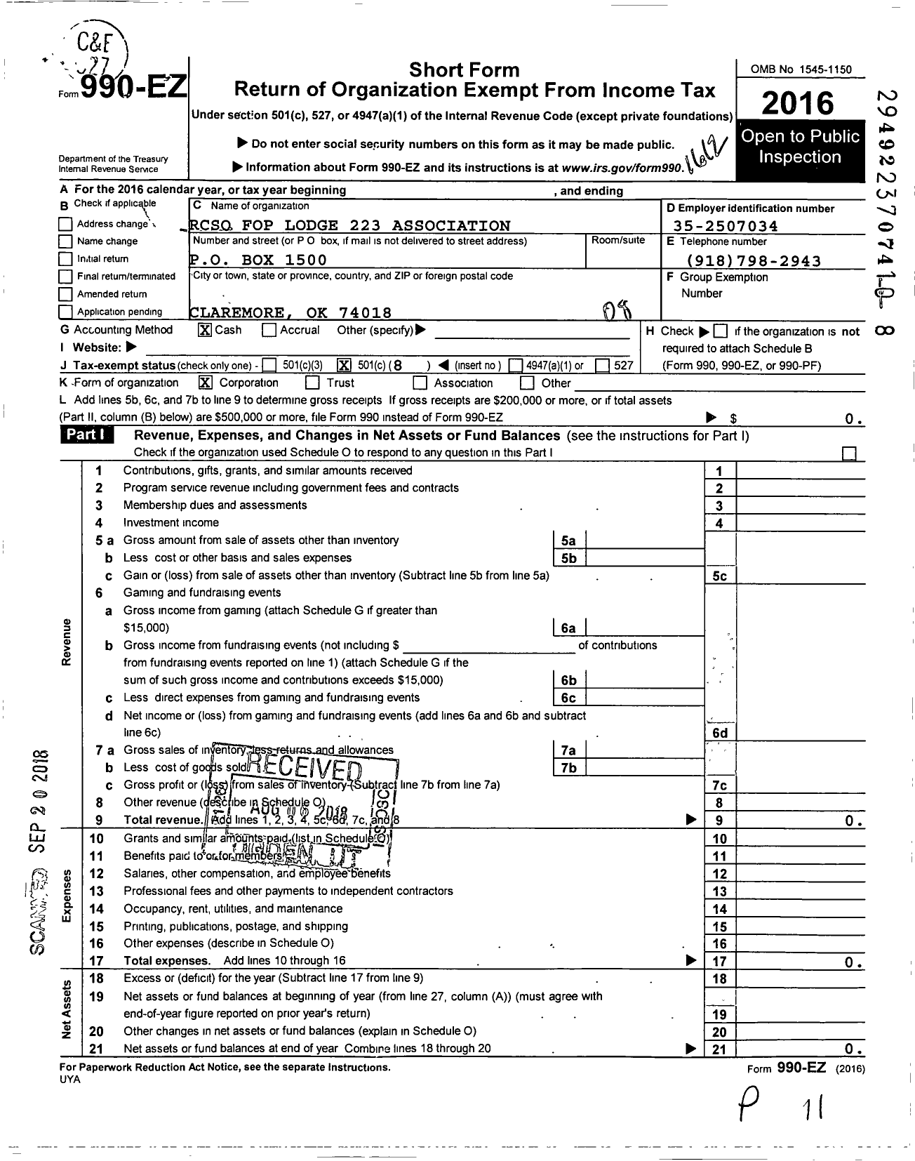 Image of first page of 2016 Form 990EO for Fraternal Order of Police - 223 Rcso Fop