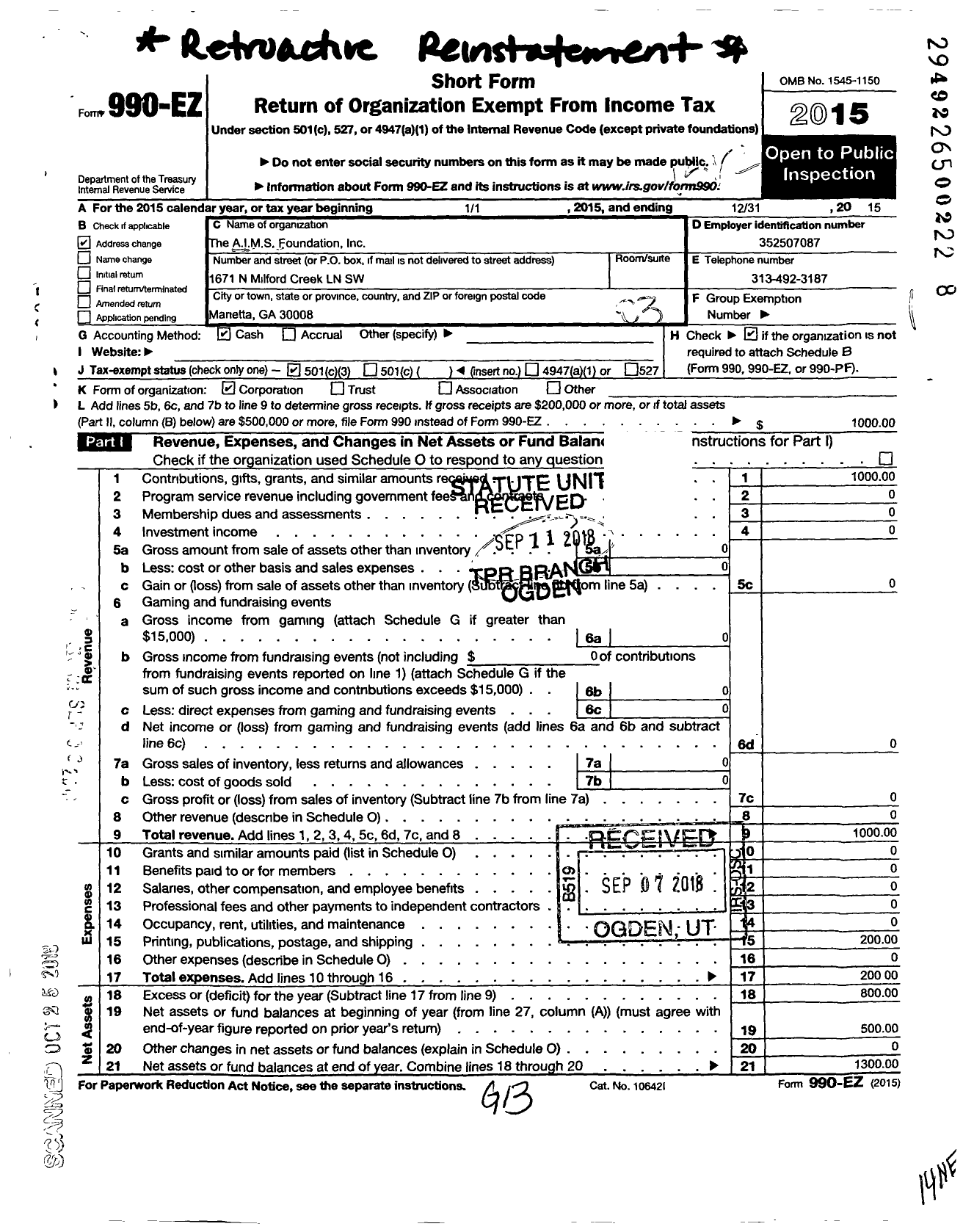 Image of first page of 2015 Form 990EZ for Aims Foundation