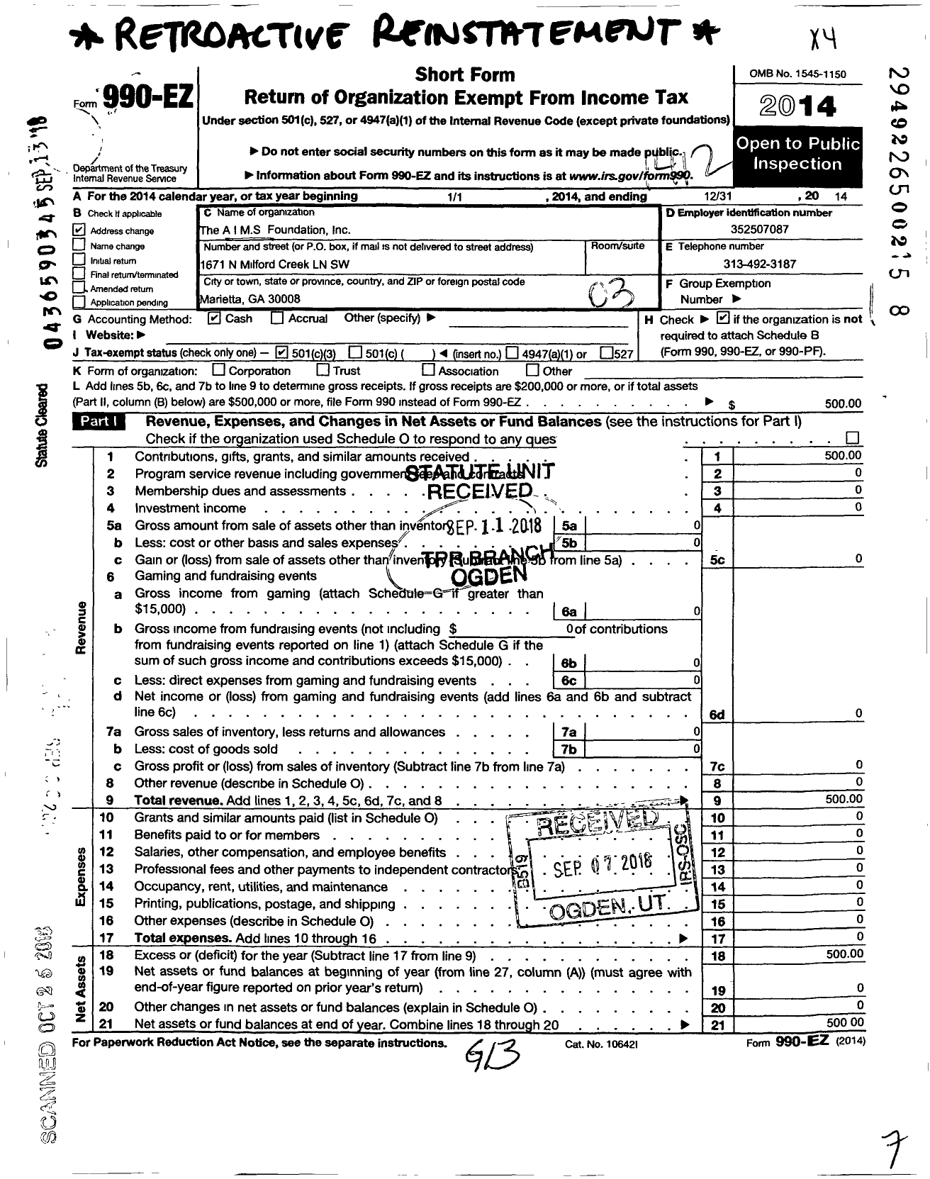 Image of first page of 2014 Form 990EZ for Aims Foundation