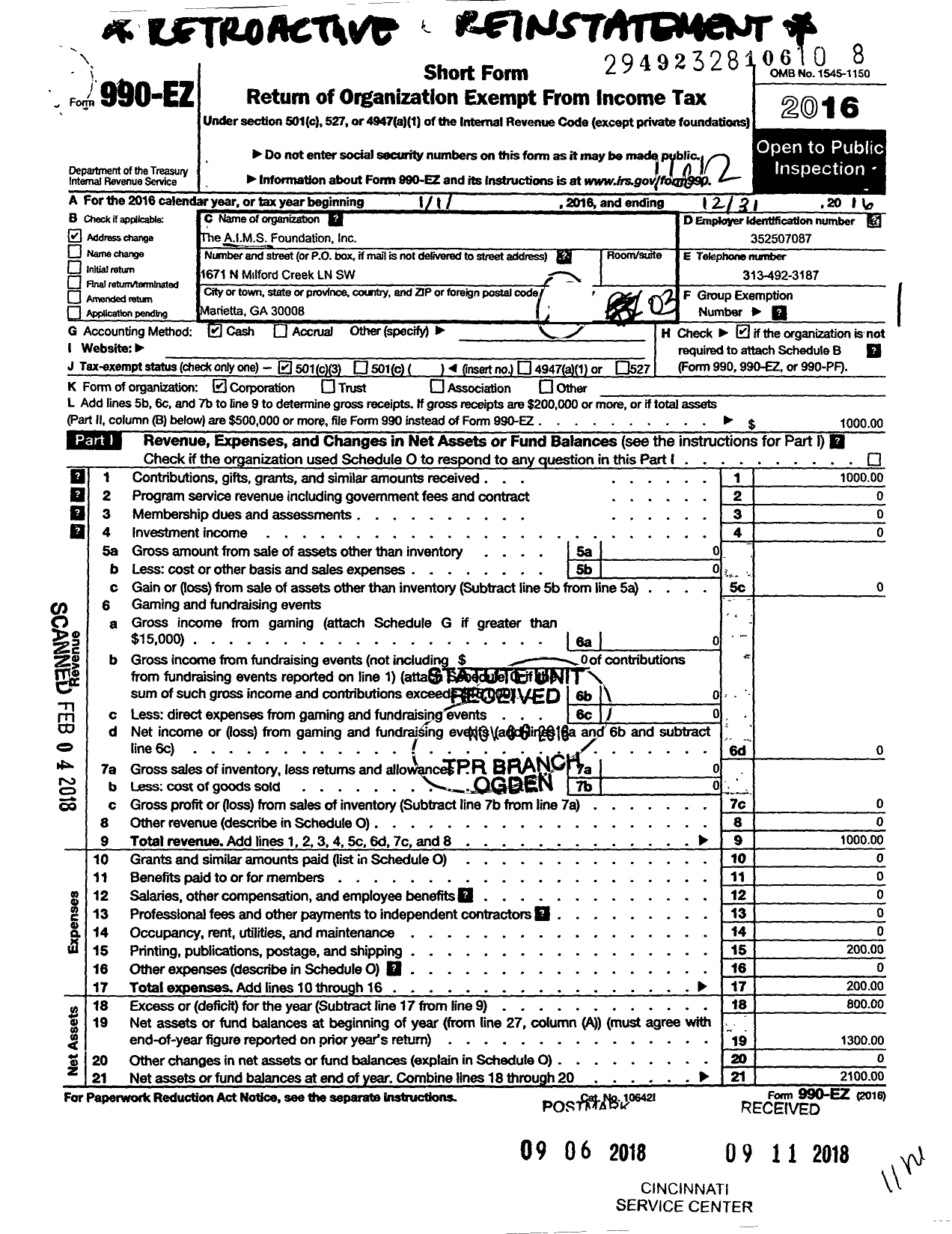 Image of first page of 2016 Form 990EZ for Aims Foundation