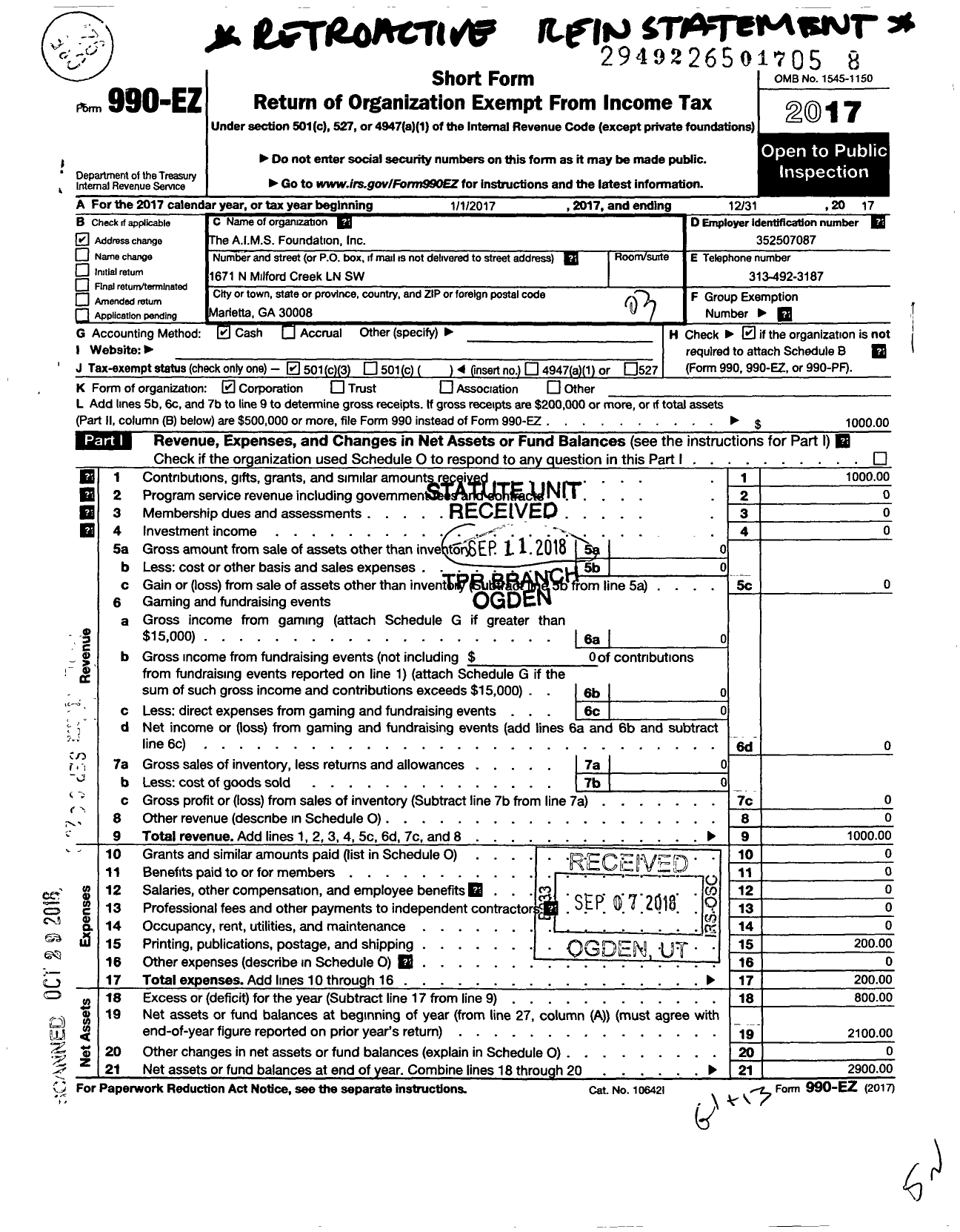 Image of first page of 2017 Form 990EZ for Aims Foundation