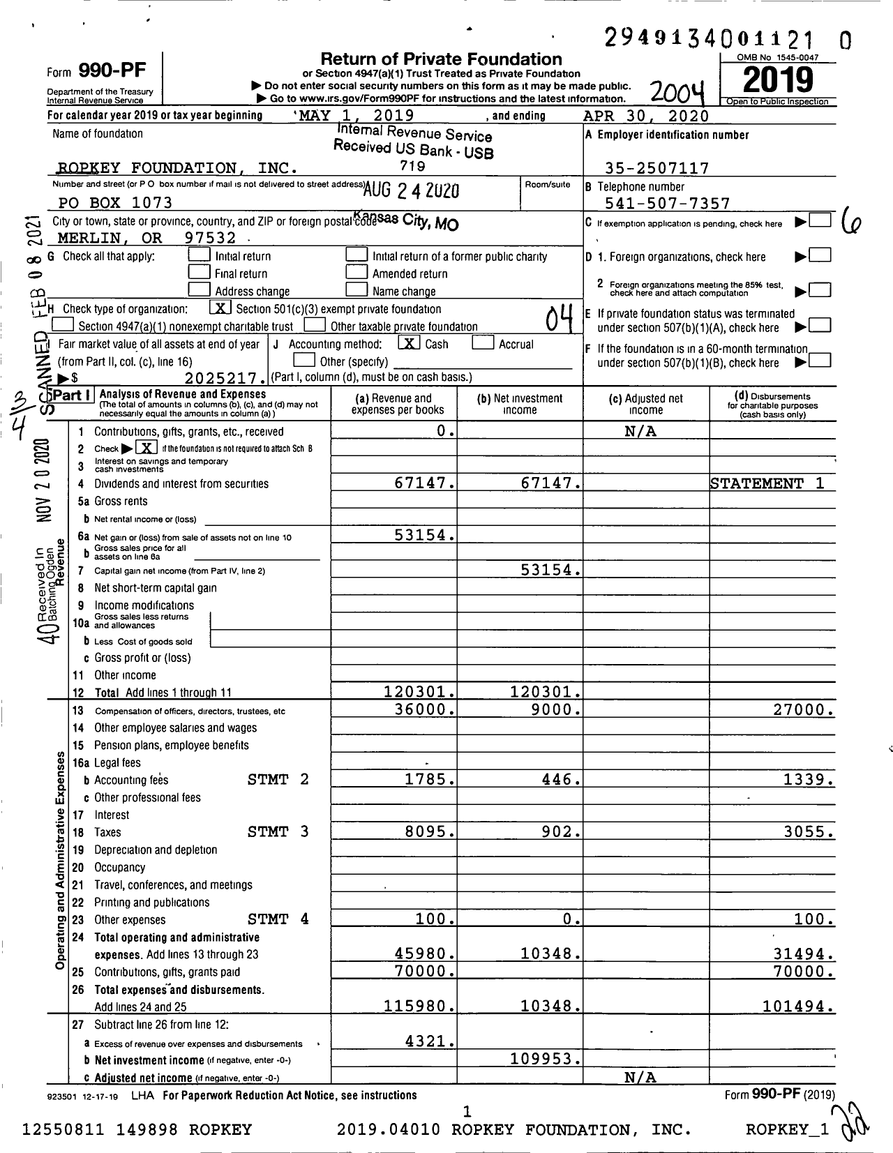 Image of first page of 2019 Form 990PF for Ropkey Foundation