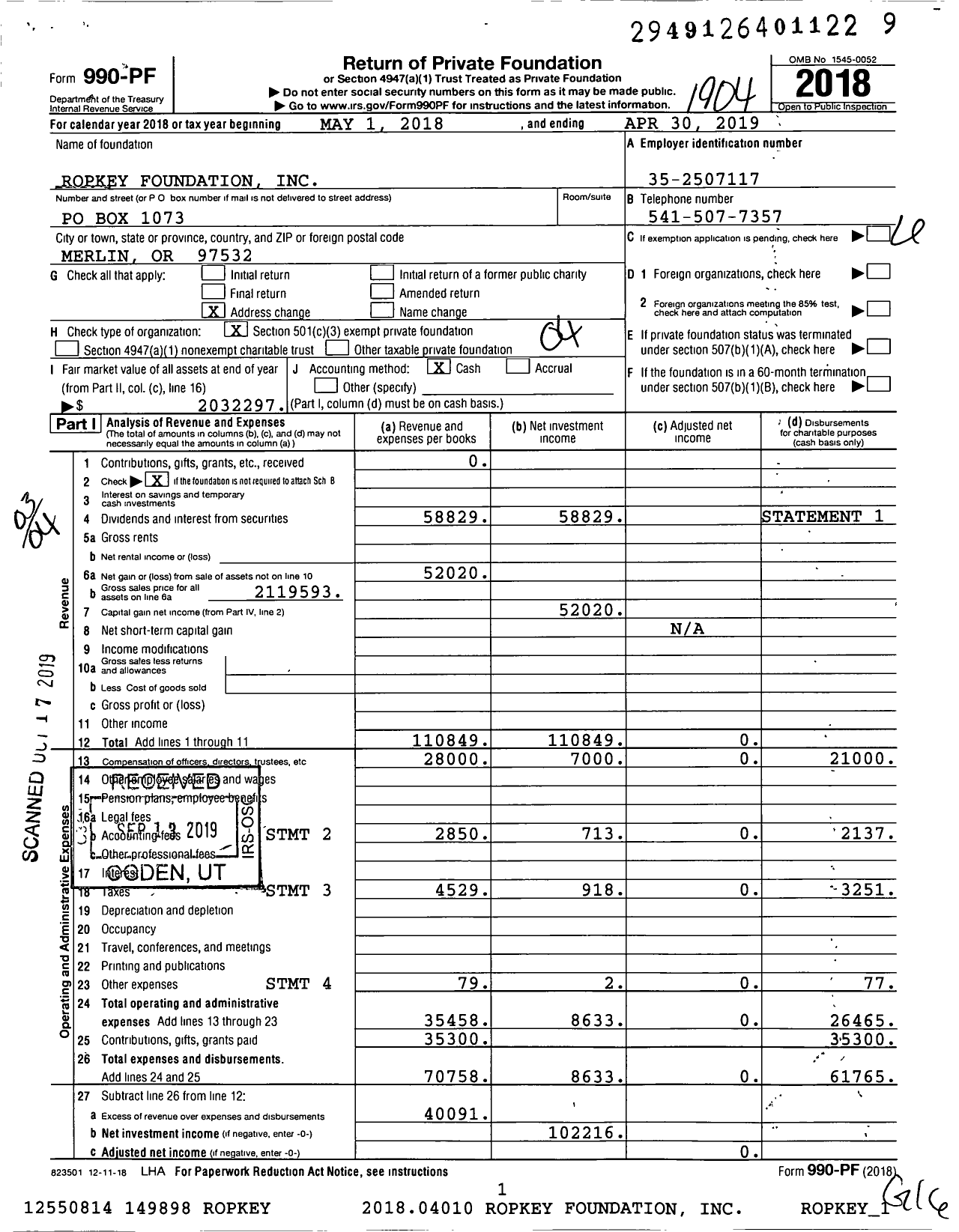 Image of first page of 2018 Form 990PF for Ropkey Foundation