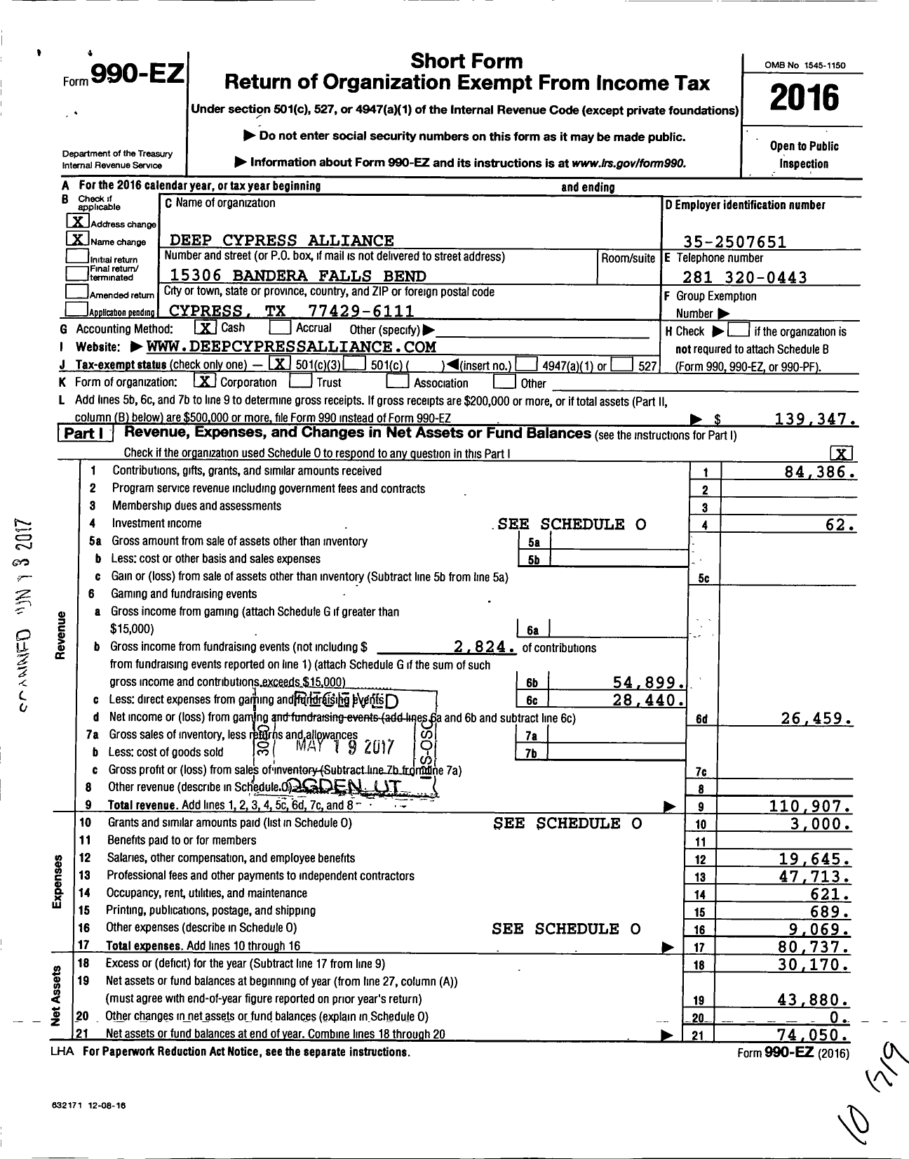 Image of first page of 2016 Form 990EZ for Deep Cypress Alliance