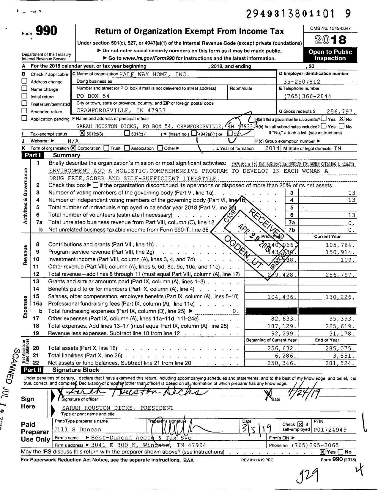 Image of first page of 2018 Form 990 for Half Way Home