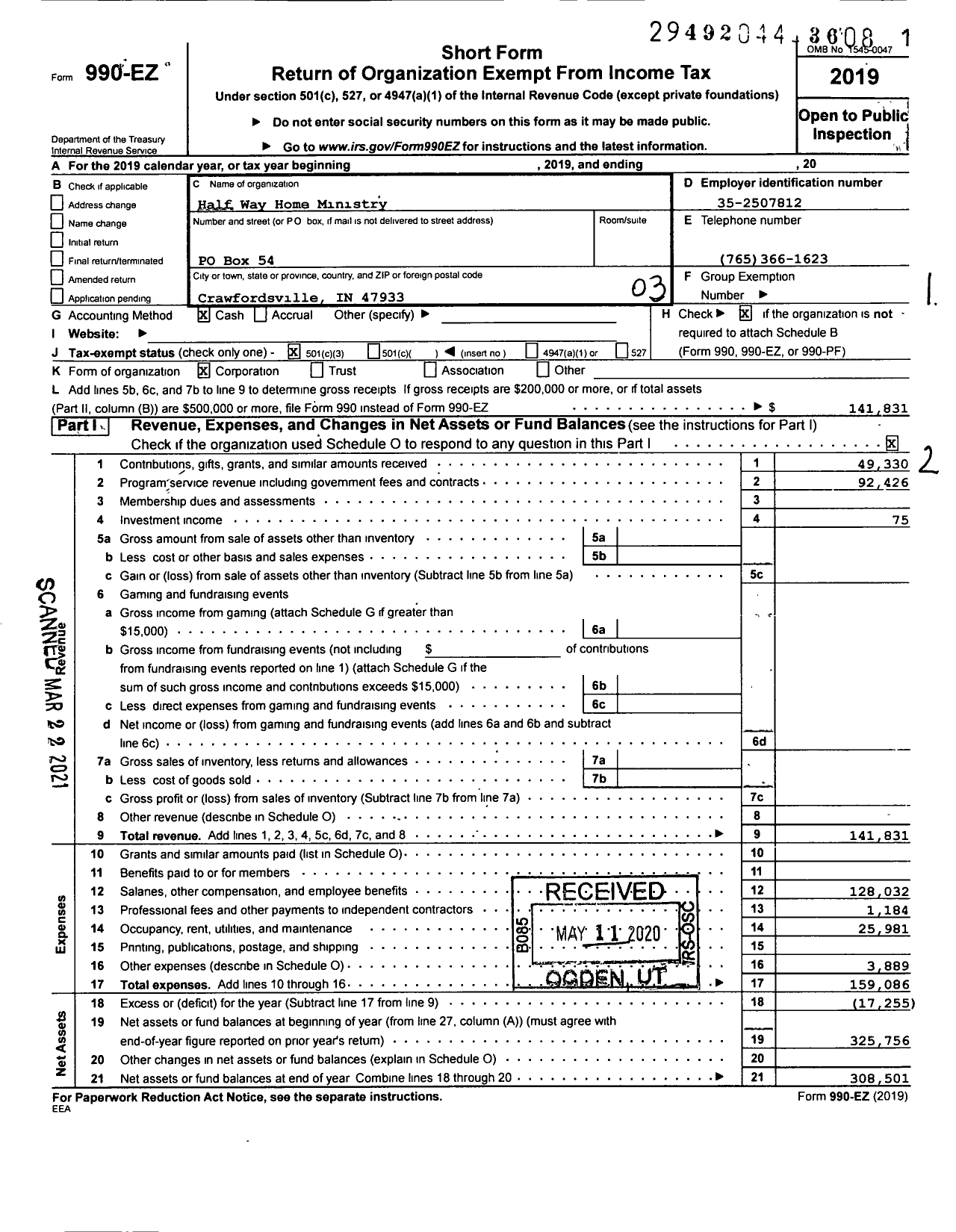 Image of first page of 2019 Form 990EZ for Half Way Home