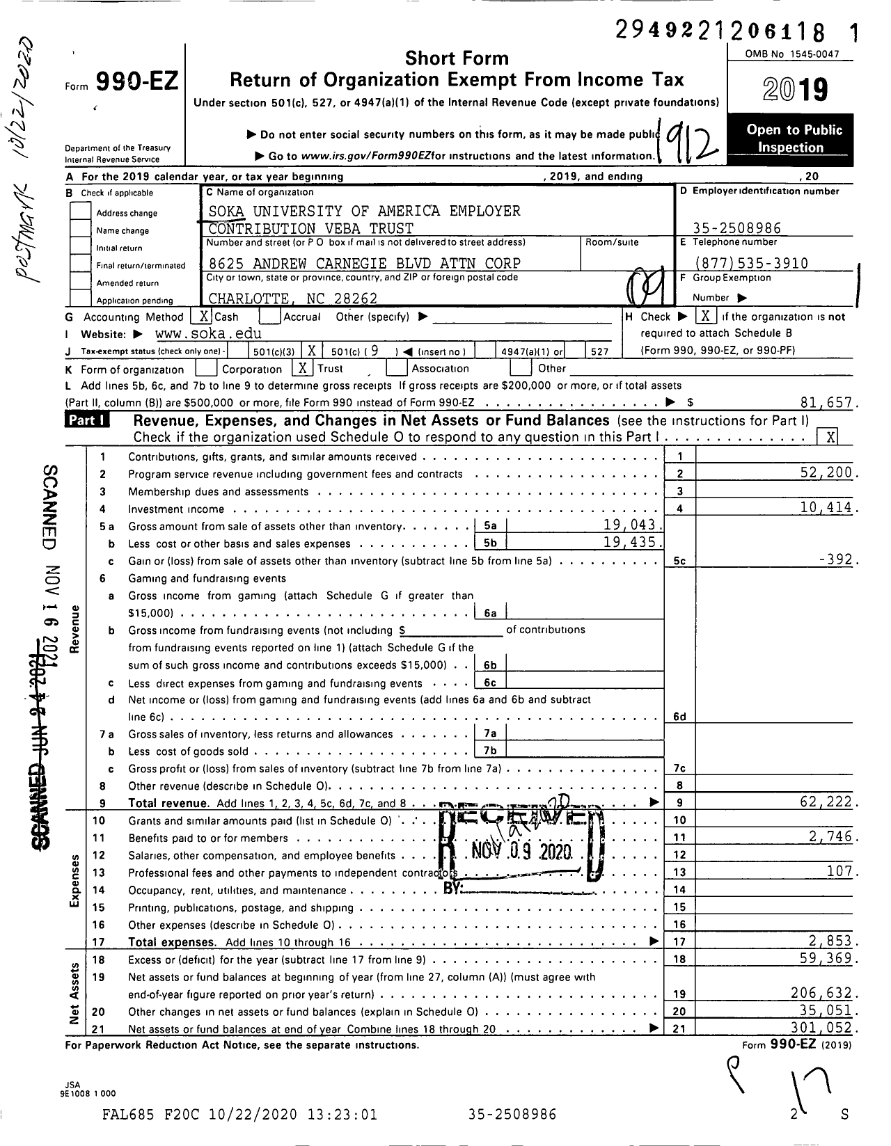 Image of first page of 2019 Form 990EO for Employer Veba Trust for Soka University