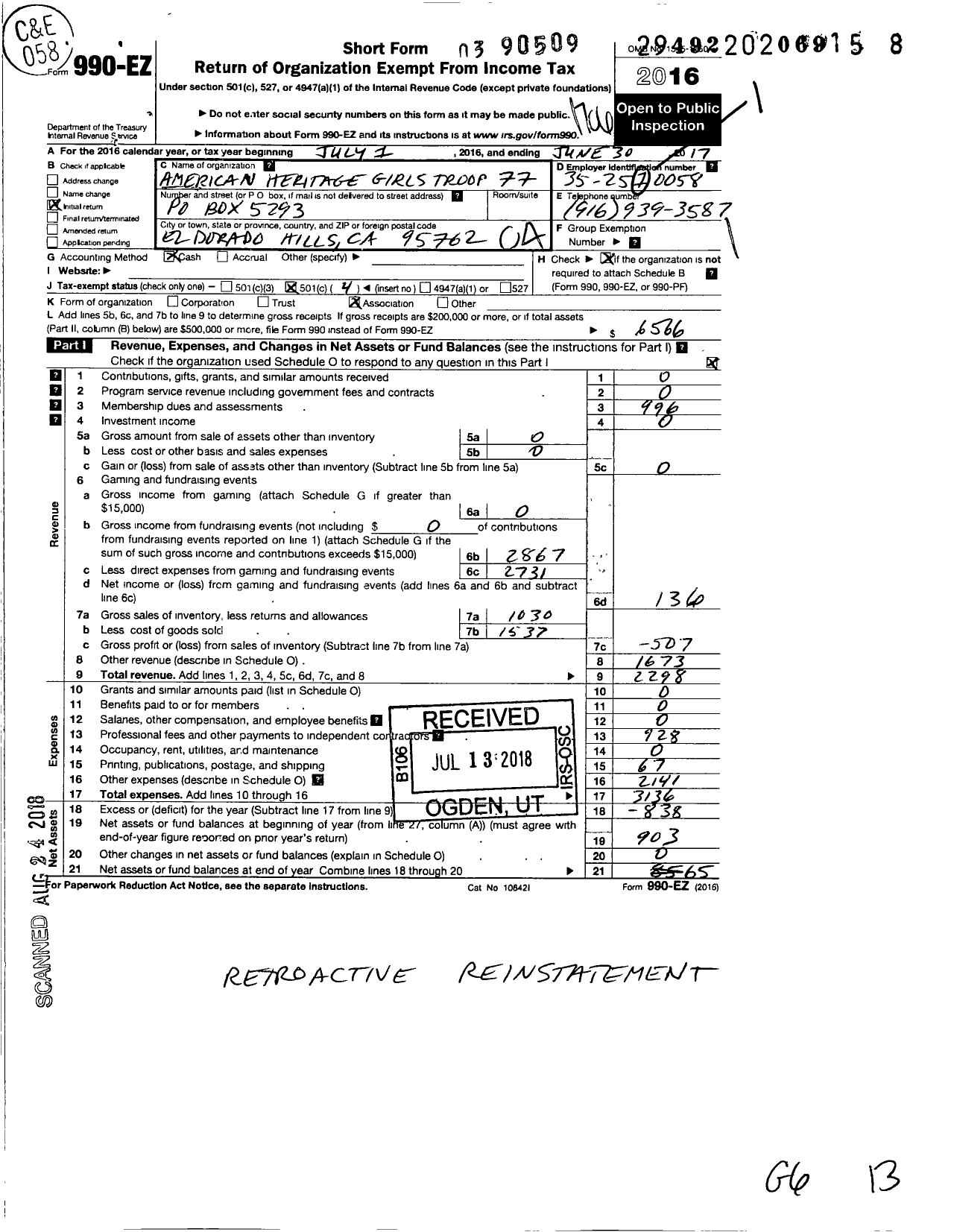 Image of first page of 2016 Form 990EO for American Heritage Girls Troop Ca0077