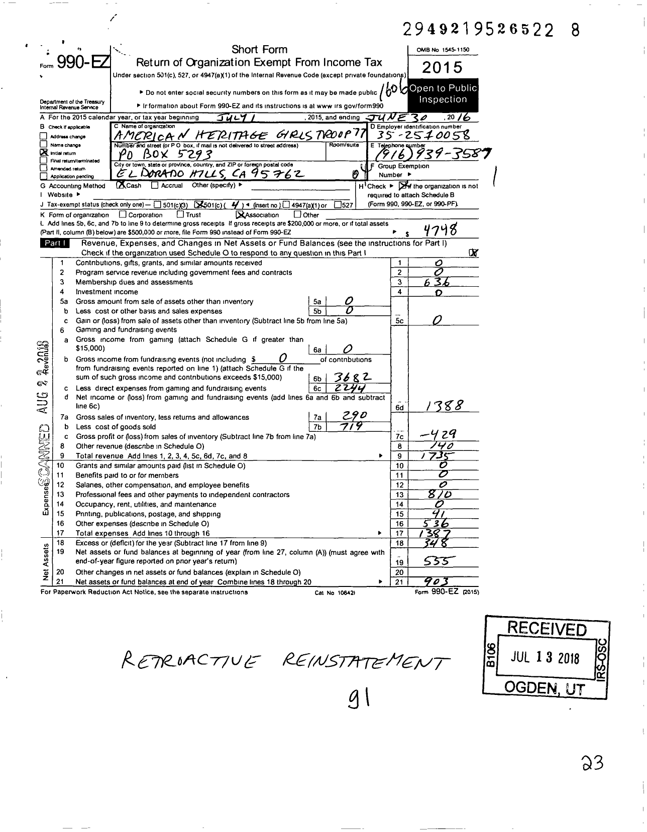 Image of first page of 2015 Form 990EO for American Heritage Girls Troop Ca0077